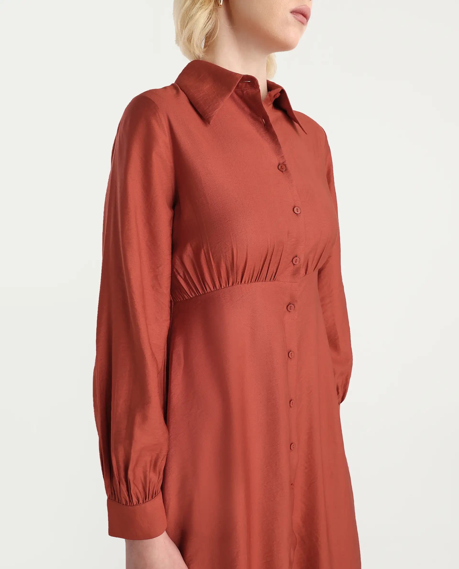Rareism Women's Jenzif Rust Viscose Blend Cuffed Sleeve Collared Neck A-Line Fit Plain Dress
