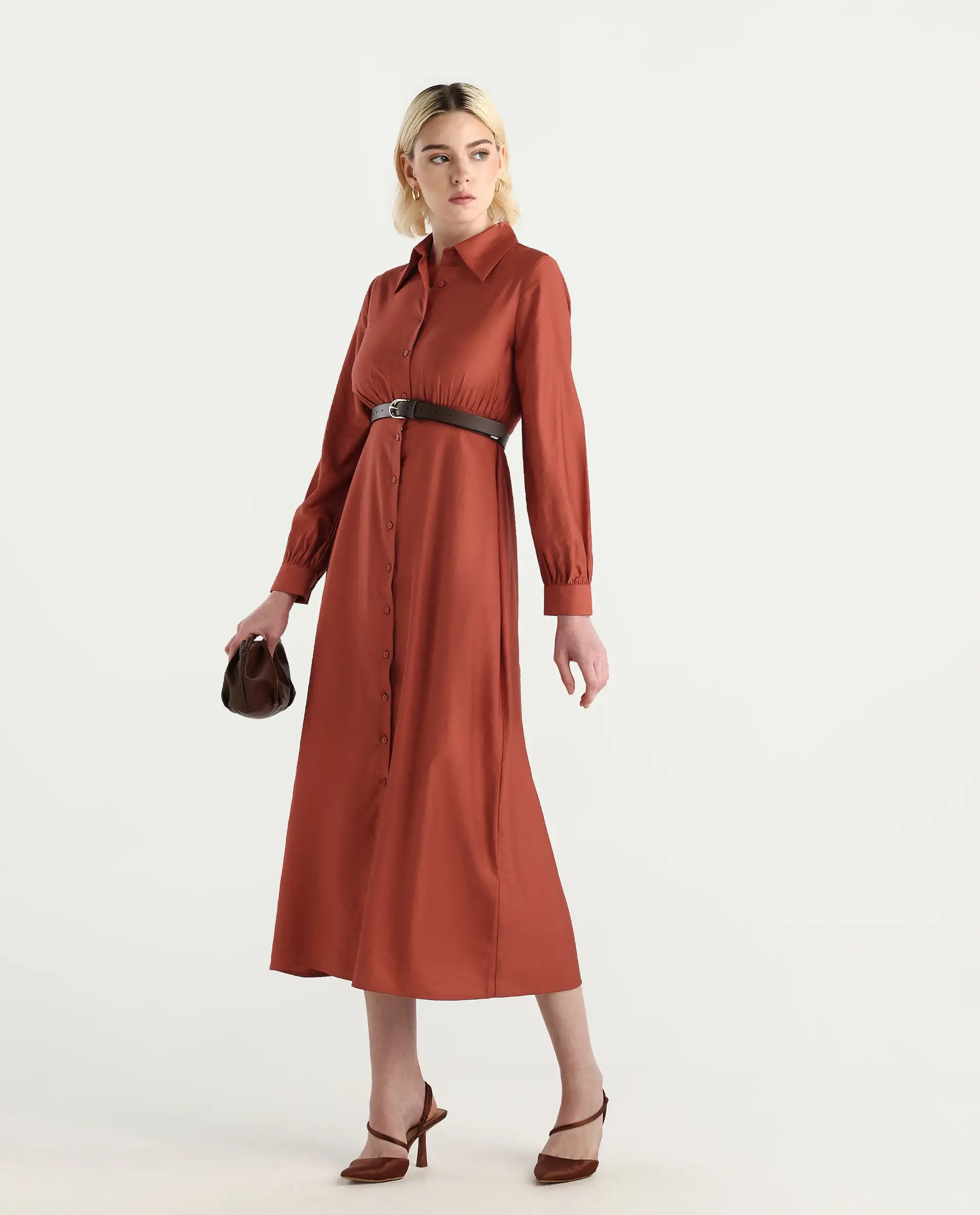 Rareism Women's Jenzif Rust Viscose Blend Cuffed Sleeve Collared Neck A-Line Fit Plain Dress