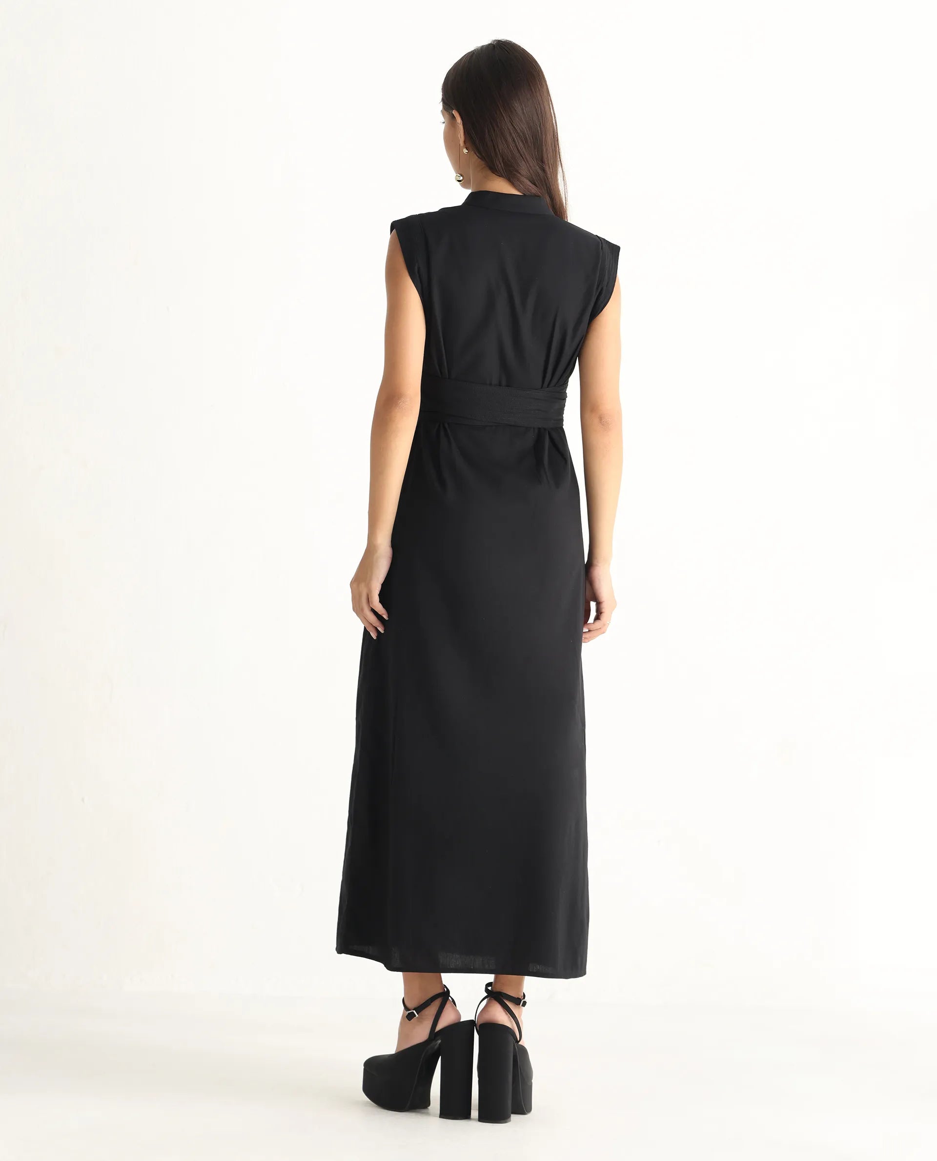 Rareism Women's Jenzo Black Cotton Blend Sleeveless Mandarin Collar Straight Fit Plain Dress