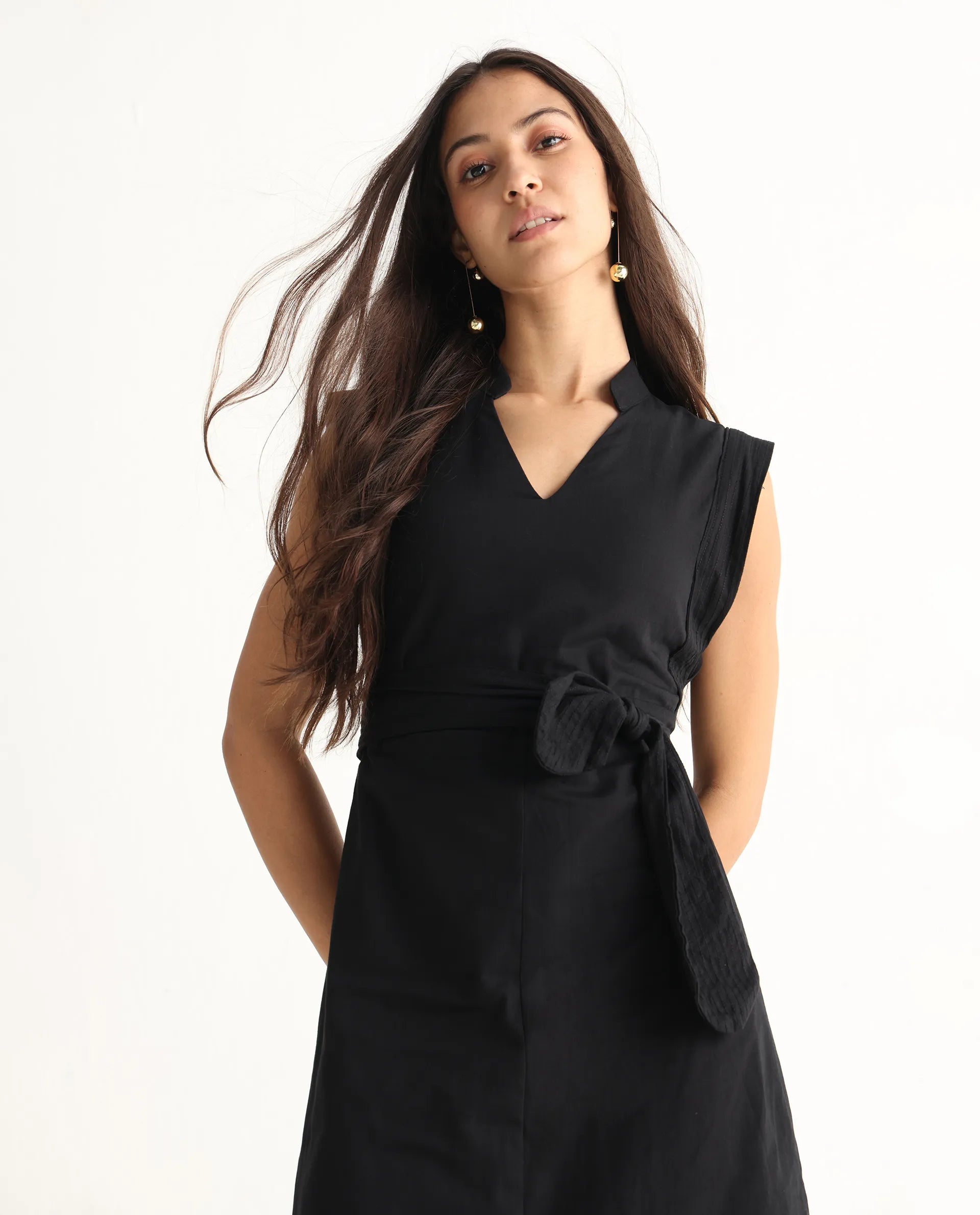 Rareism Women's Jenzo Black Cotton Blend Sleeveless Mandarin Collar Straight Fit Plain Dress