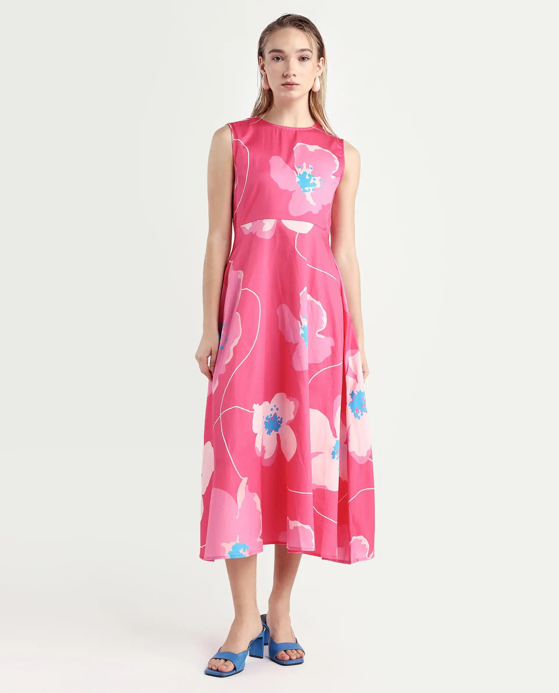 Rareism Women's Jerile Flouroscent Pink Crew Neck Floral Print Sleeveless Maxi Fit And Flare Dress