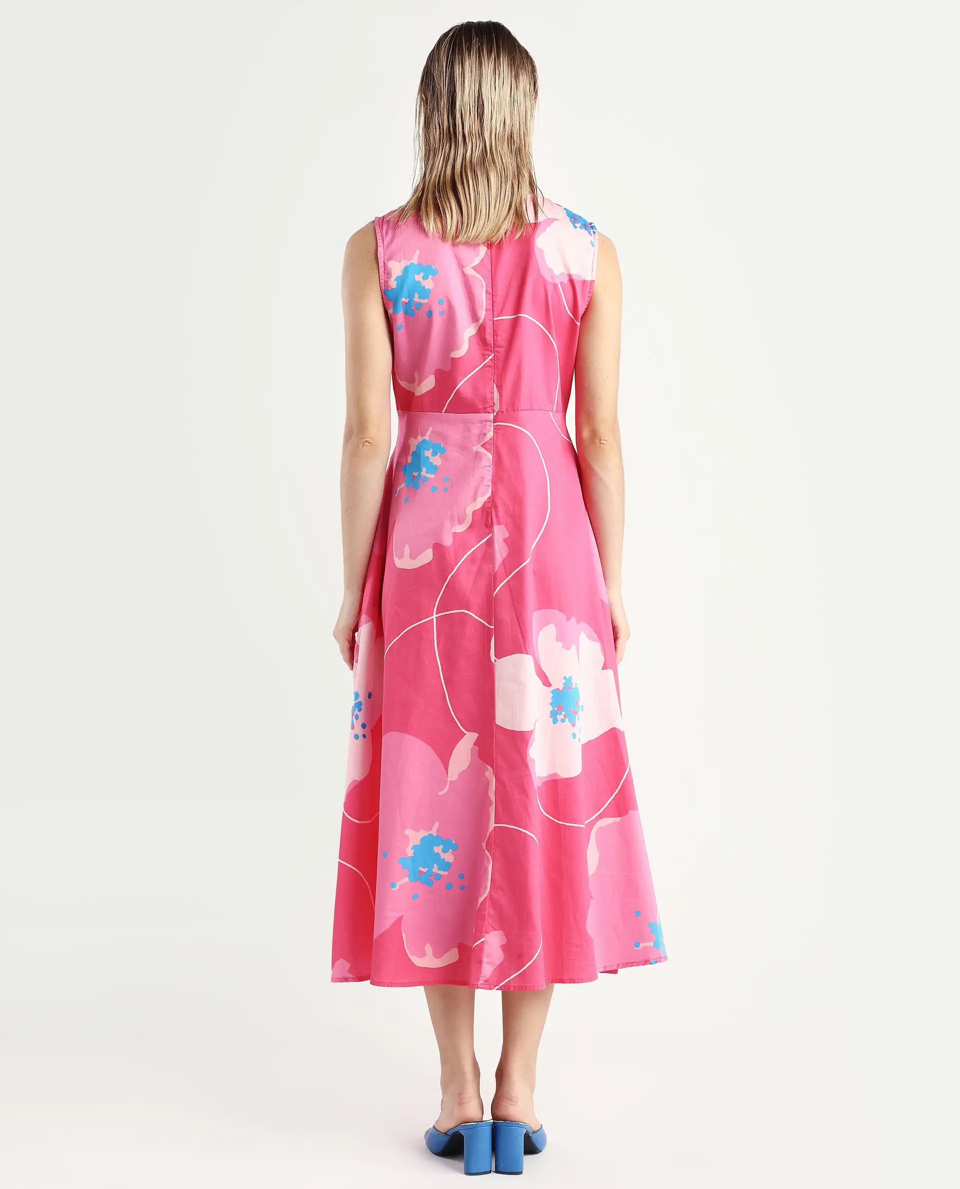 Rareism Women's Jerile Flouroscent Pink Crew Neck Floral Print Sleeveless Maxi Fit And Flare Dress