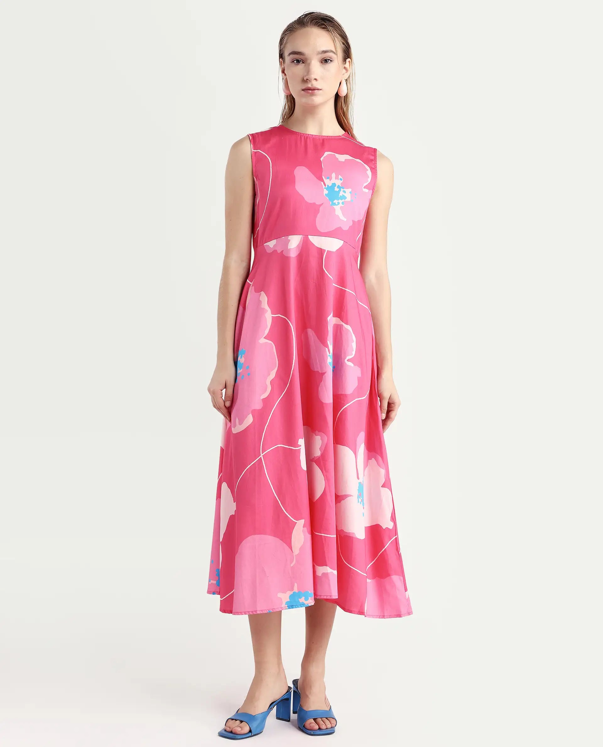 Rareism Women's Jerile Flouroscent Pink Crew Neck Floral Print Sleeveless Maxi Fit And Flare Dress