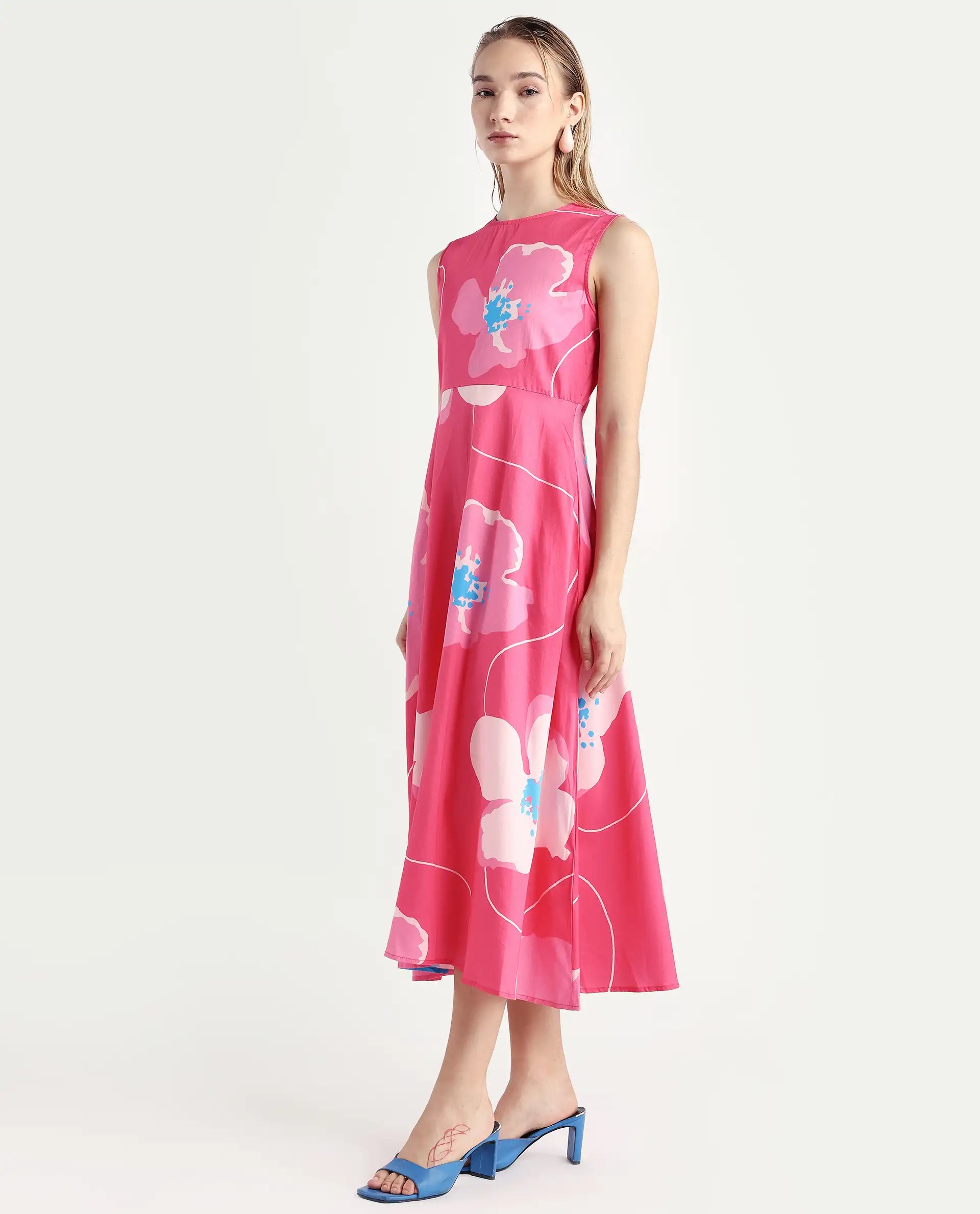 Rareism Women's Jerile Flouroscent Pink Crew Neck Floral Print Sleeveless Maxi Fit And Flare Dress