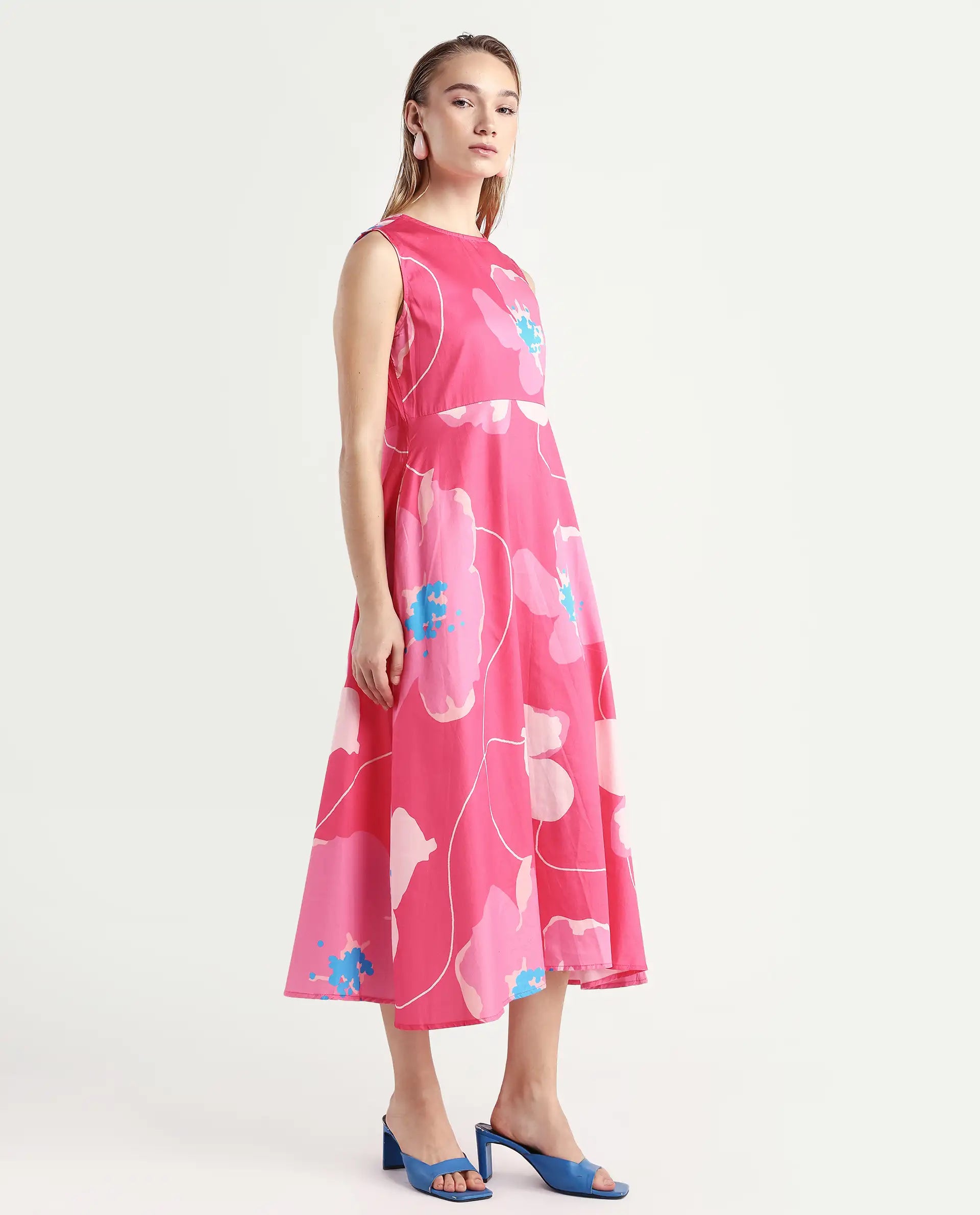 Rareism Women's Jerile Flouroscent Pink Crew Neck Floral Print Sleeveless Maxi Fit And Flare Dress