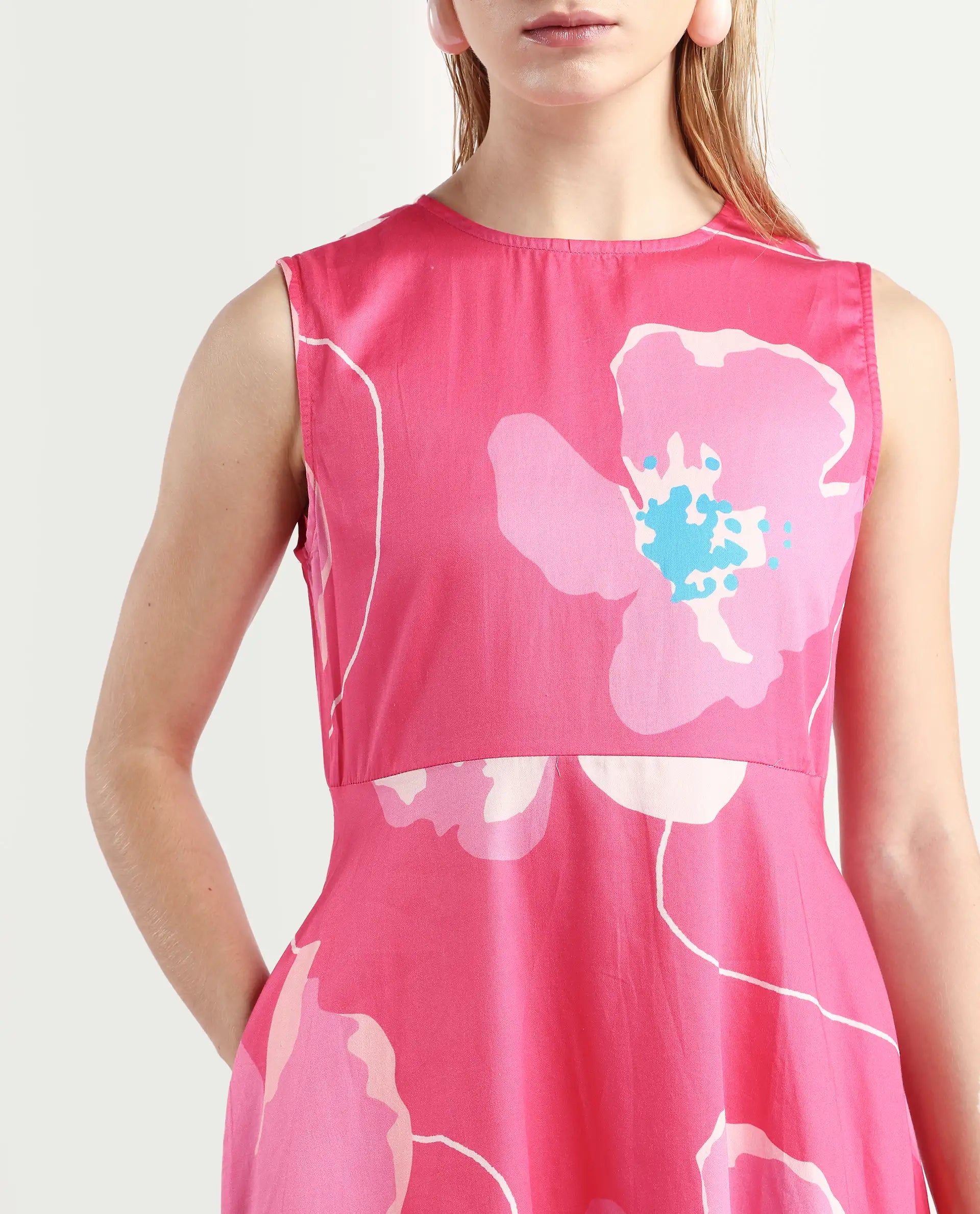 Rareism Women's Jerile Flouroscent Pink Crew Neck Floral Print Sleeveless Maxi Fit And Flare Dress