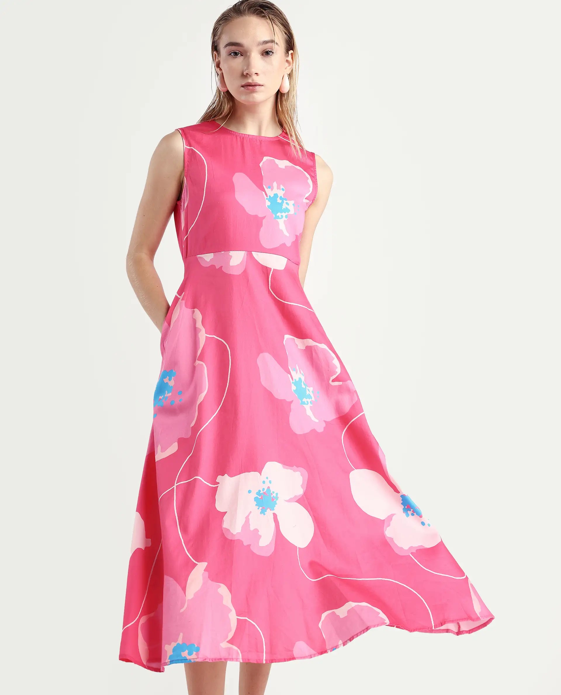 Rareism Women's Jerile Flouroscent Pink Crew Neck Floral Print Sleeveless Maxi Fit And Flare Dress