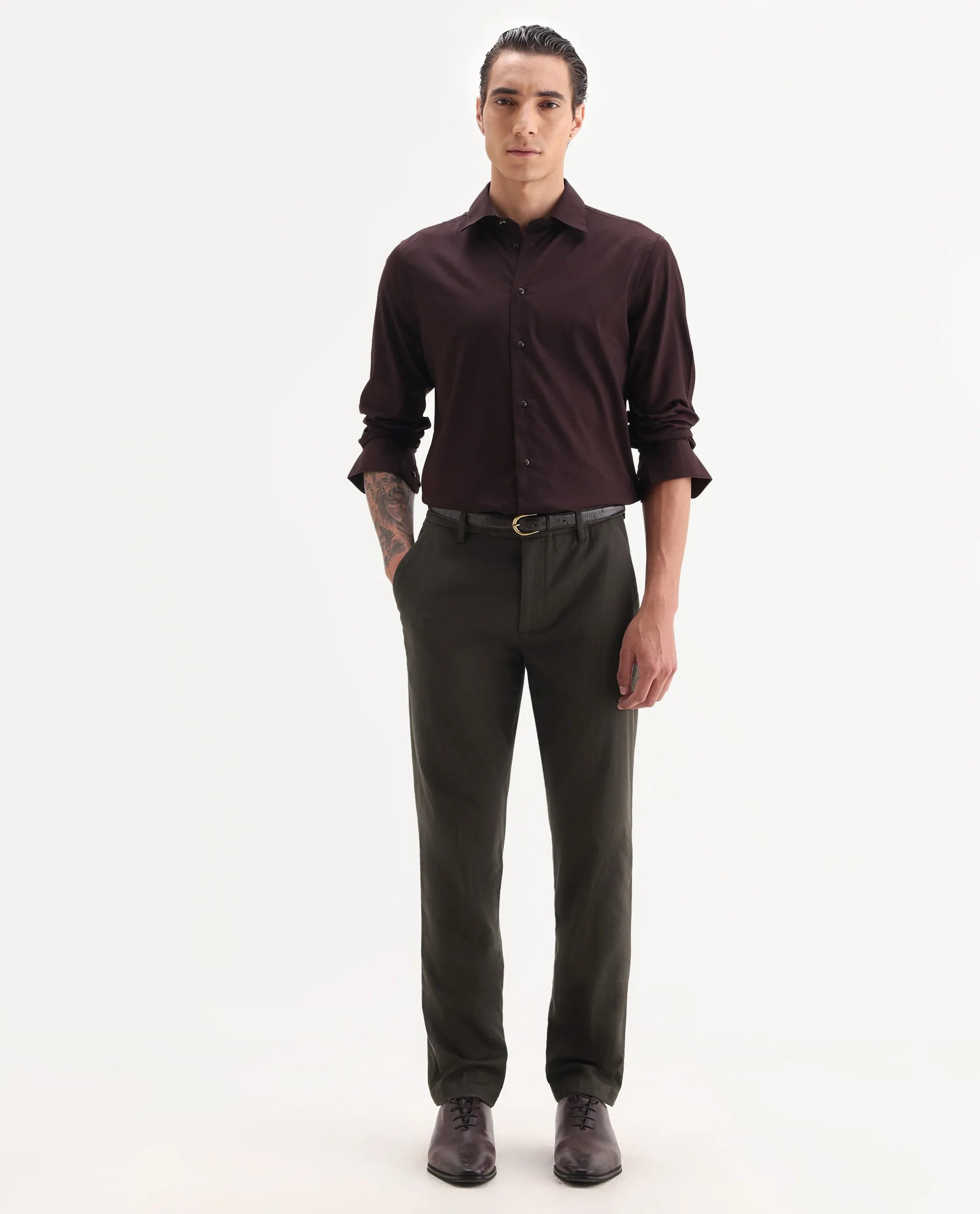 Rare Rabbit Men Jes-Aw25 Dark Olive Cotton Fabric Button Closure Plain Trouser