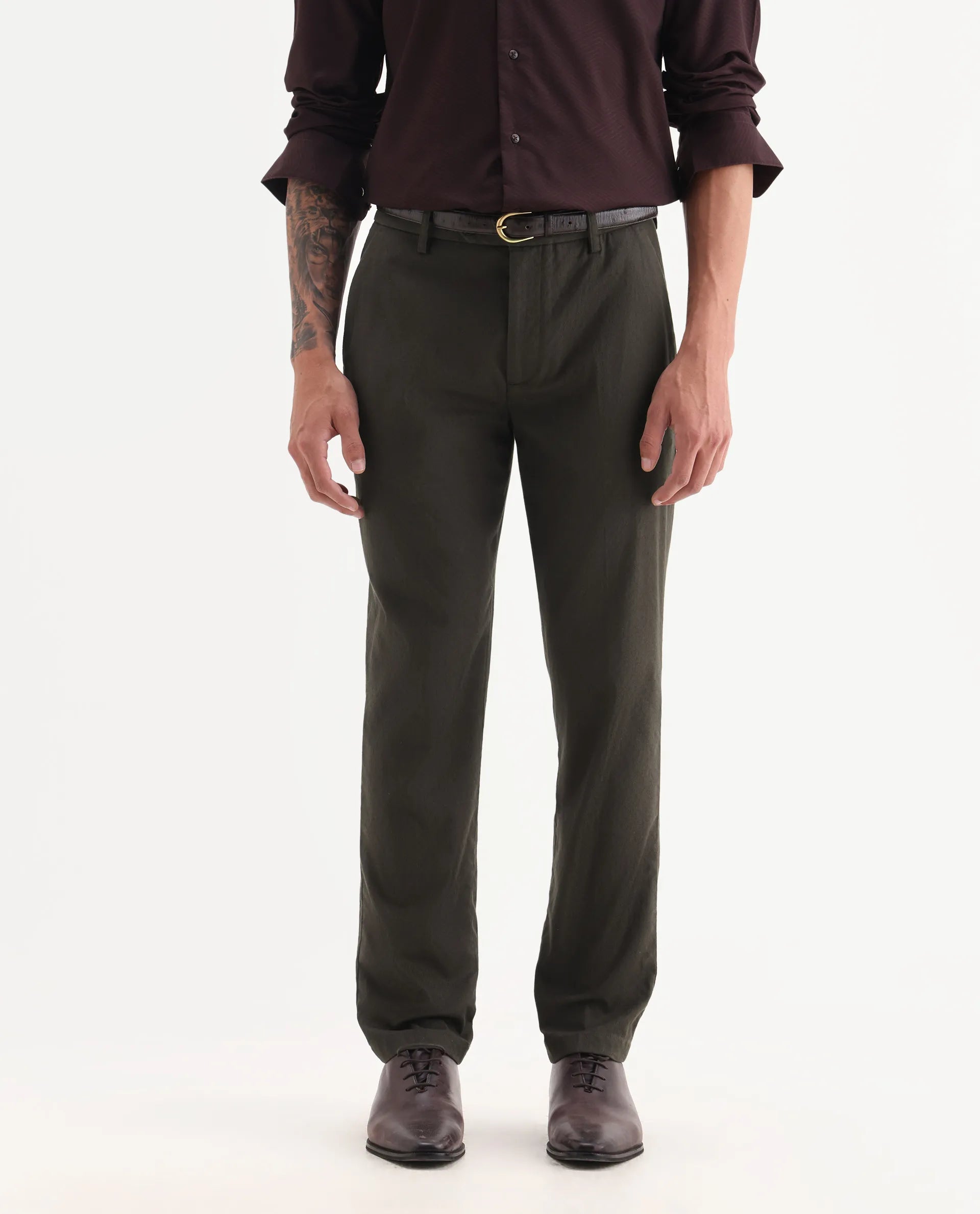 Rare Rabbit Men Jes-Aw25 Dark Olive Cotton Fabric Button Closure Plain Trouser