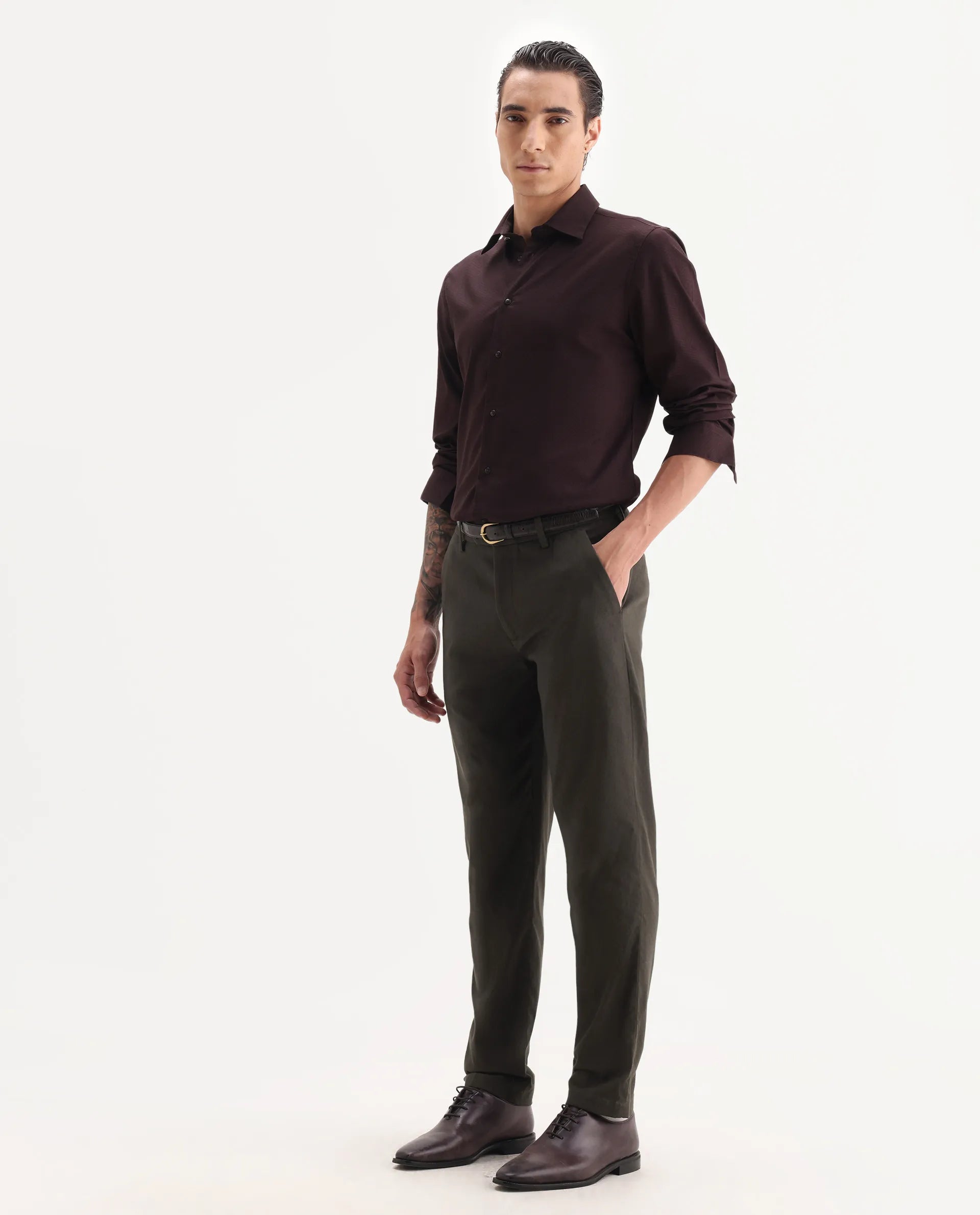 Rare Rabbit Men Jes-Aw25 Dark Olive Cotton Fabric Button Closure Plain Trouser