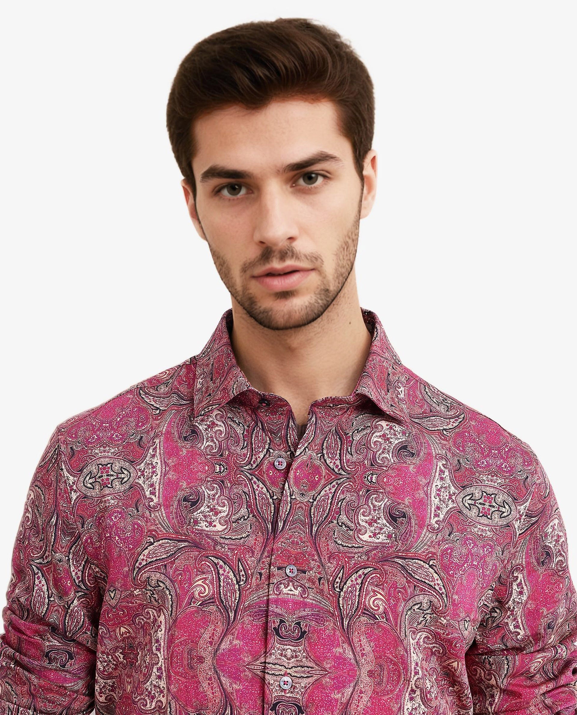Rare Rabbit Men Jeto Dark Pink Viscose Nylon Fabric Full Sleeve Regular Fit Paisley Print Shirt