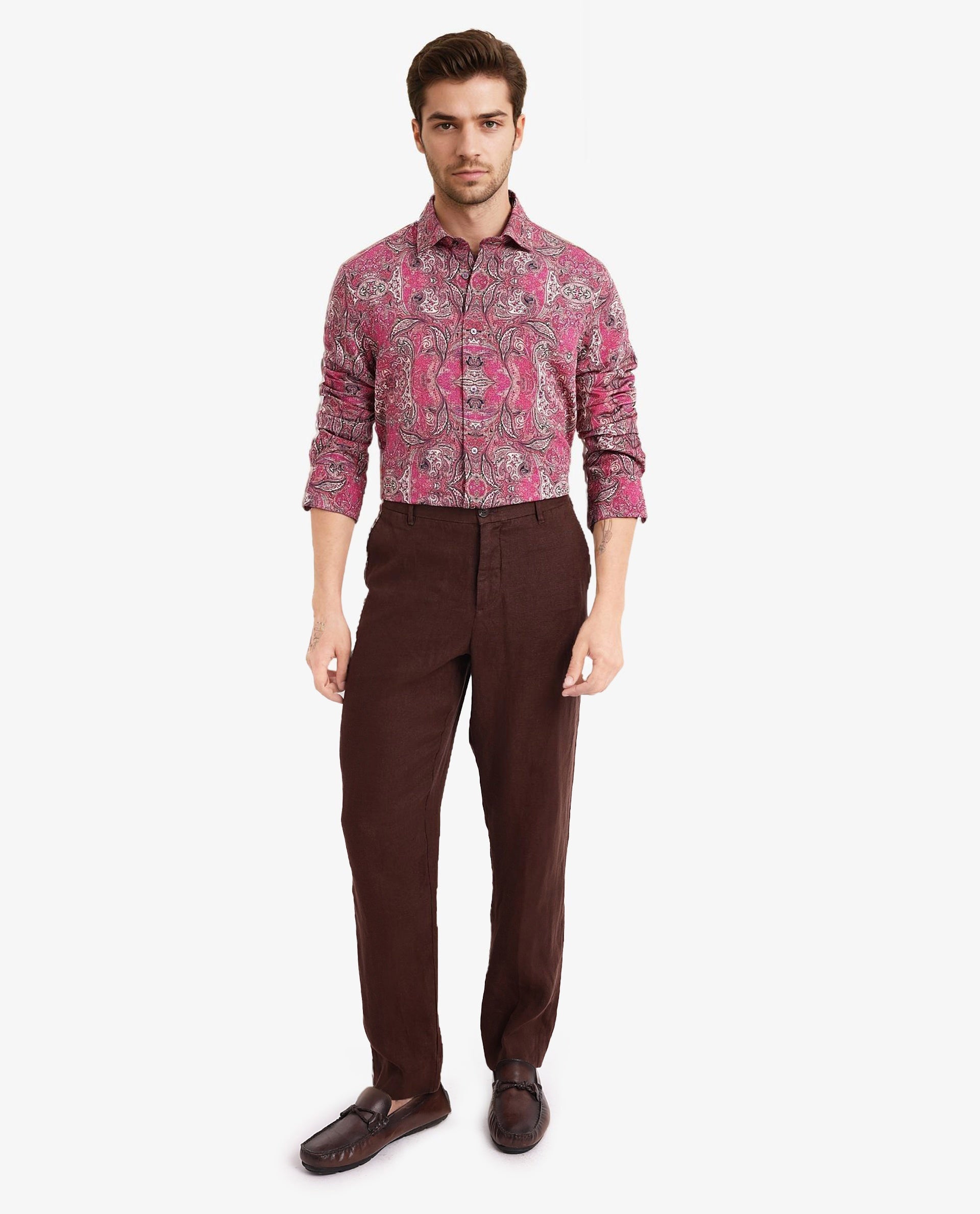 Rare Rabbit Men Jeto Dark Pink Viscose Nylon Fabric Full Sleeve Regular Fit Paisley Print Shirt