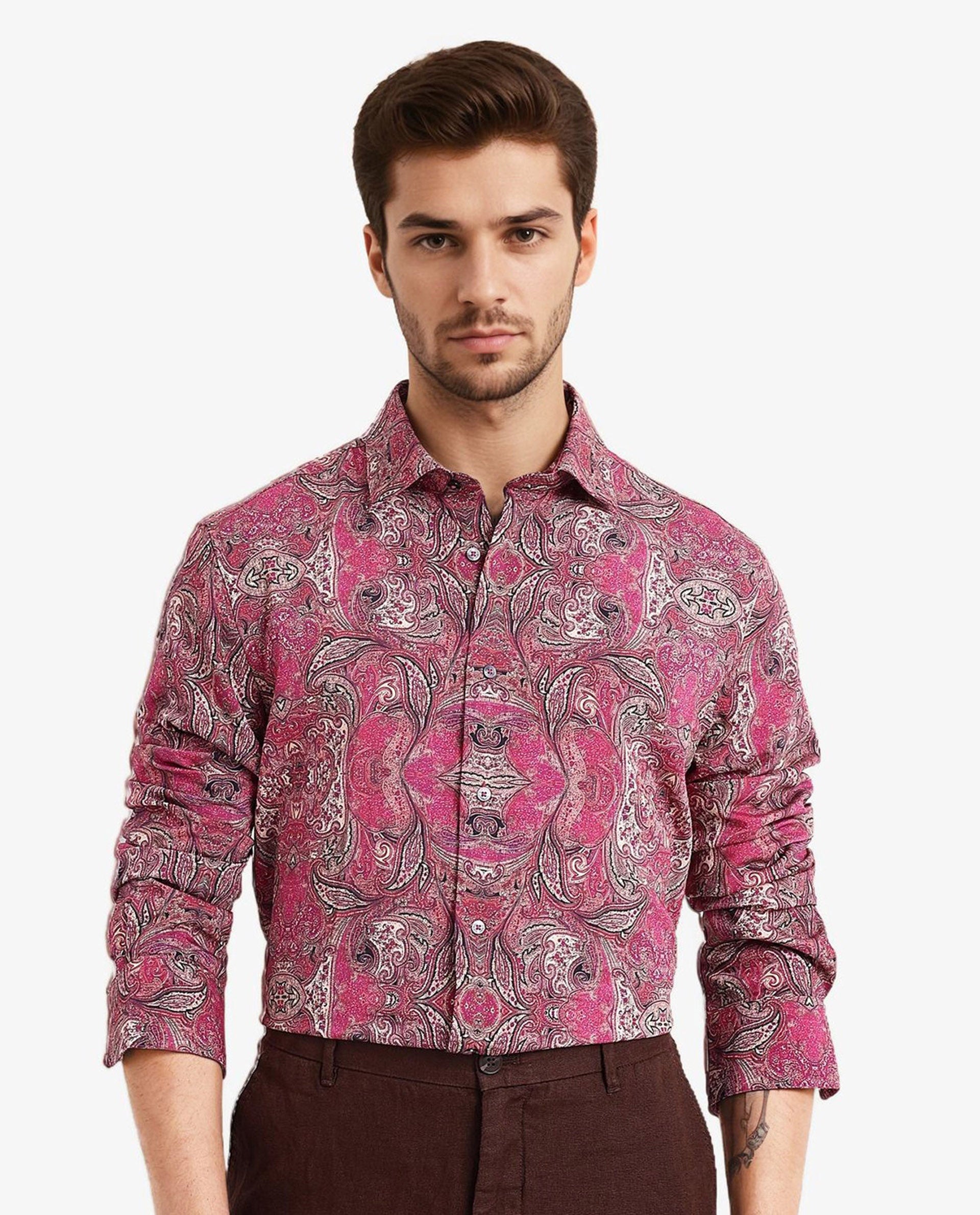 Rare Rabbit Men Jeto Dark Pink Viscose Nylon Fabric Full Sleeve Regular Fit Paisley Print Shirt