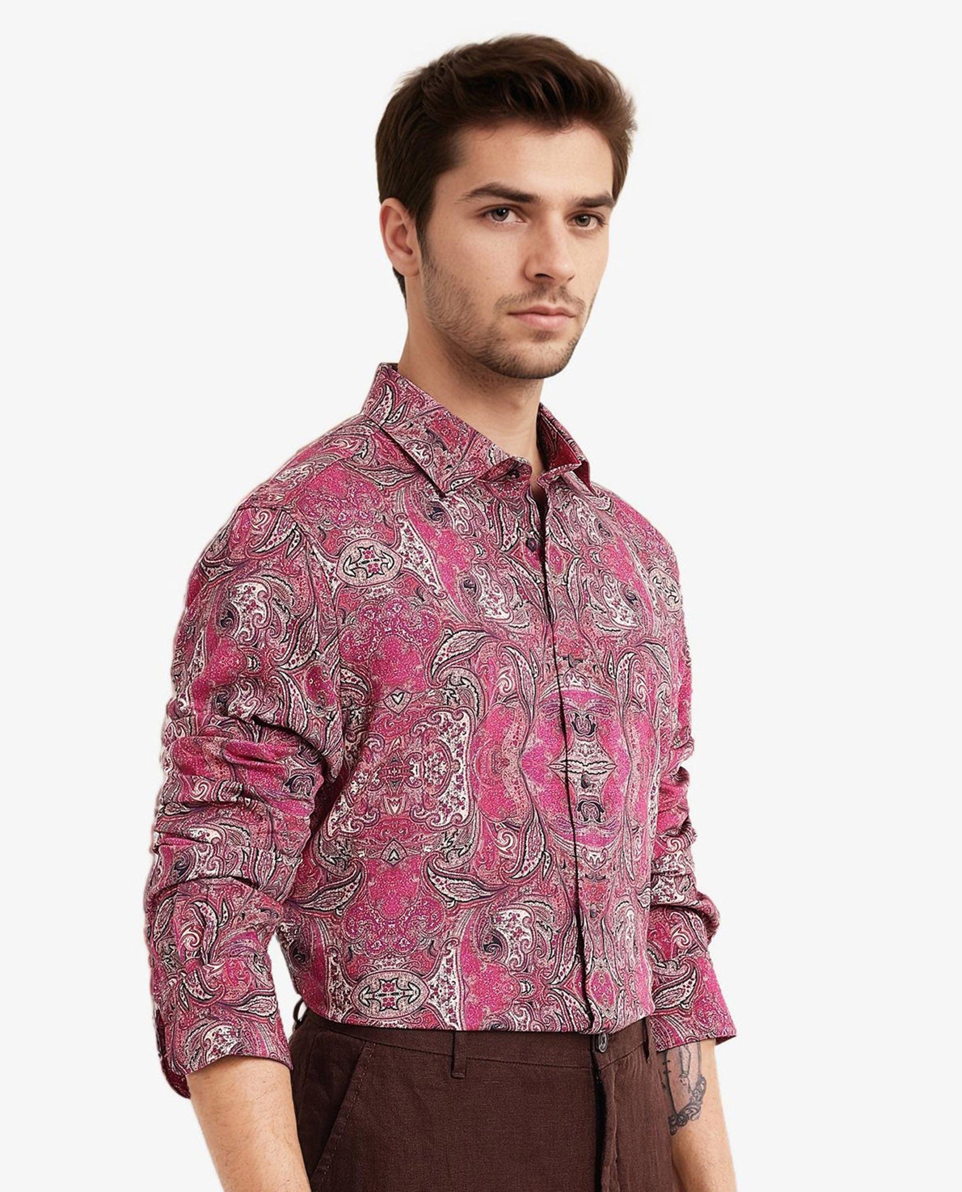 Rare Rabbit Men Jeto Dark Pink Viscose Nylon Fabric Full Sleeve Regular Fit Paisley Print Shirt