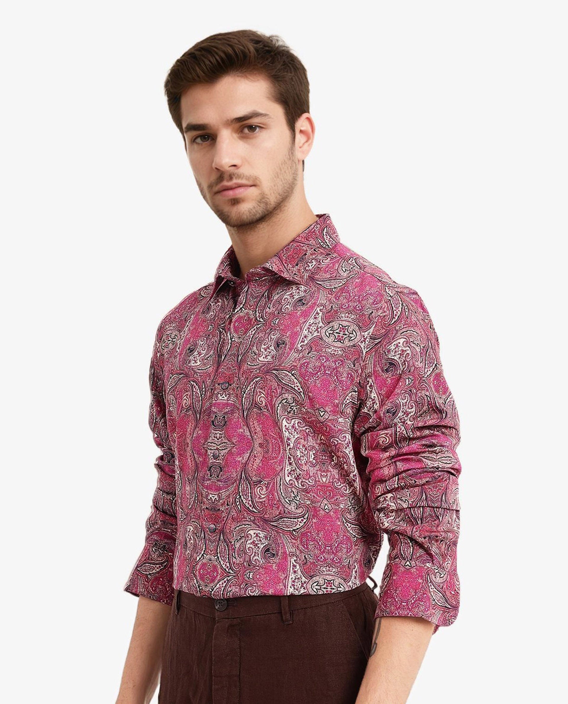 Rare Rabbit Men Jeto Dark Pink Viscose Nylon Fabric Full Sleeve Regular Fit Paisley Print Shirt