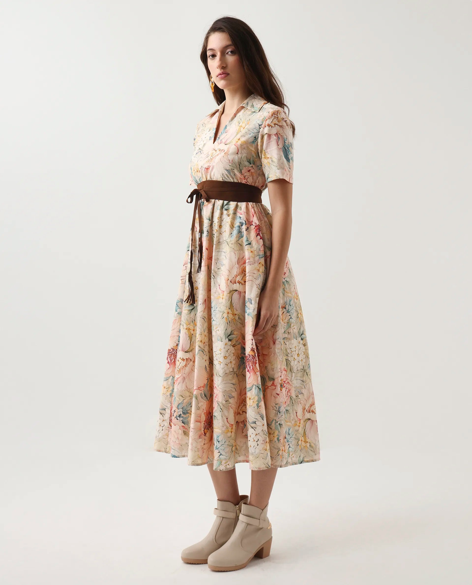 Rareism Women's Jetto Light Multi Cotton Collared Neck Fit And Flare Printed Midi Dress