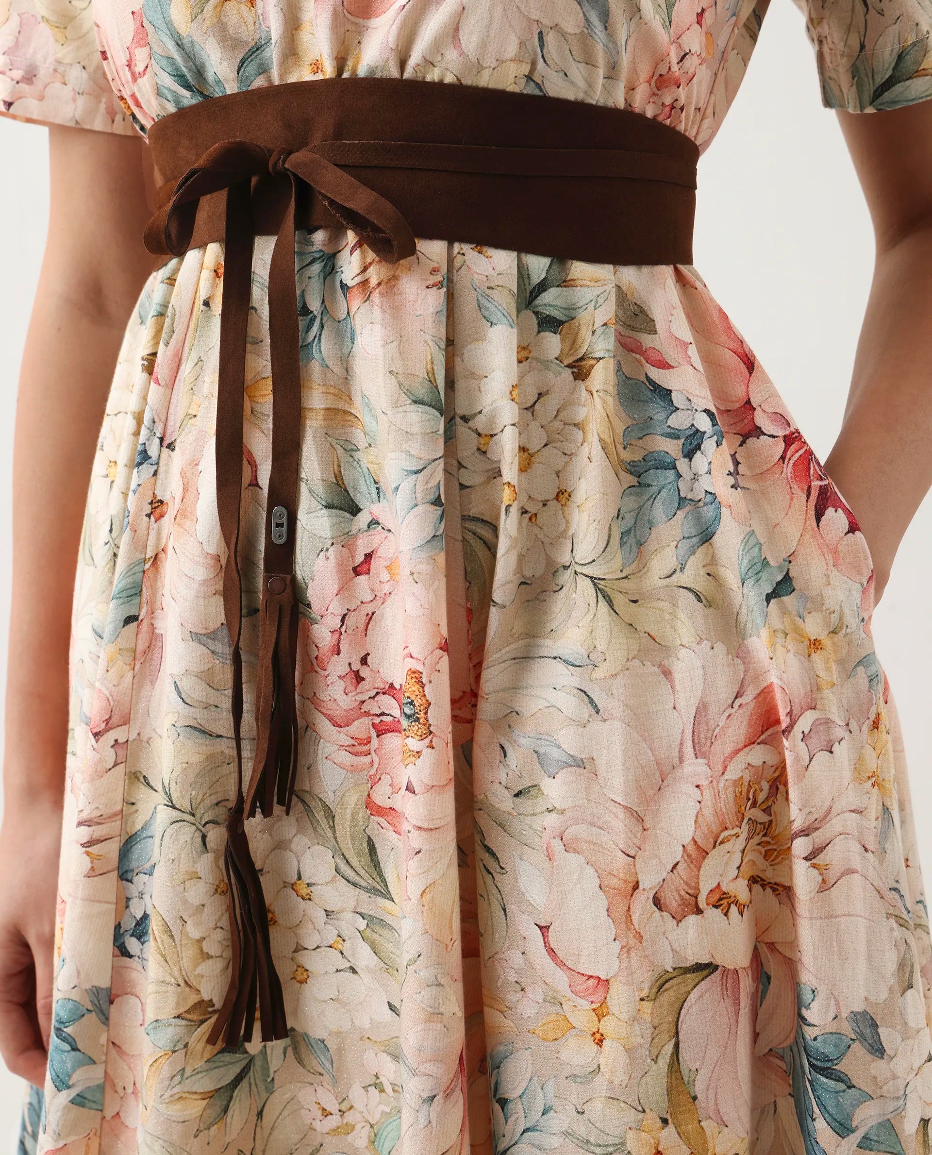 Rareism Women's Jetto Light Multi Cotton Collared Neck Fit And Flare Printed Midi Dress