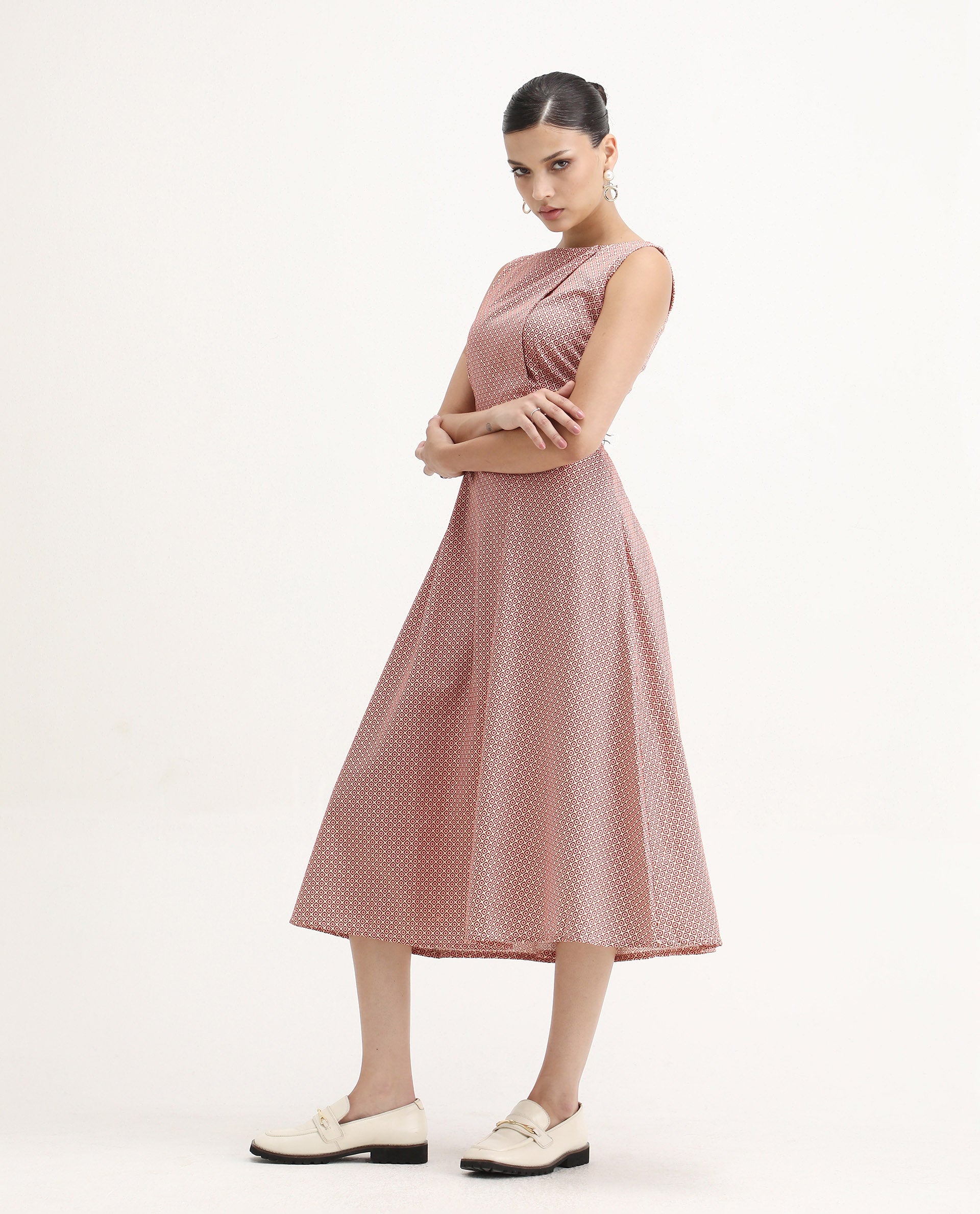 Rareism Women's Jexor Pink Cotton Boat Neck A-Line Printed Midi Dress