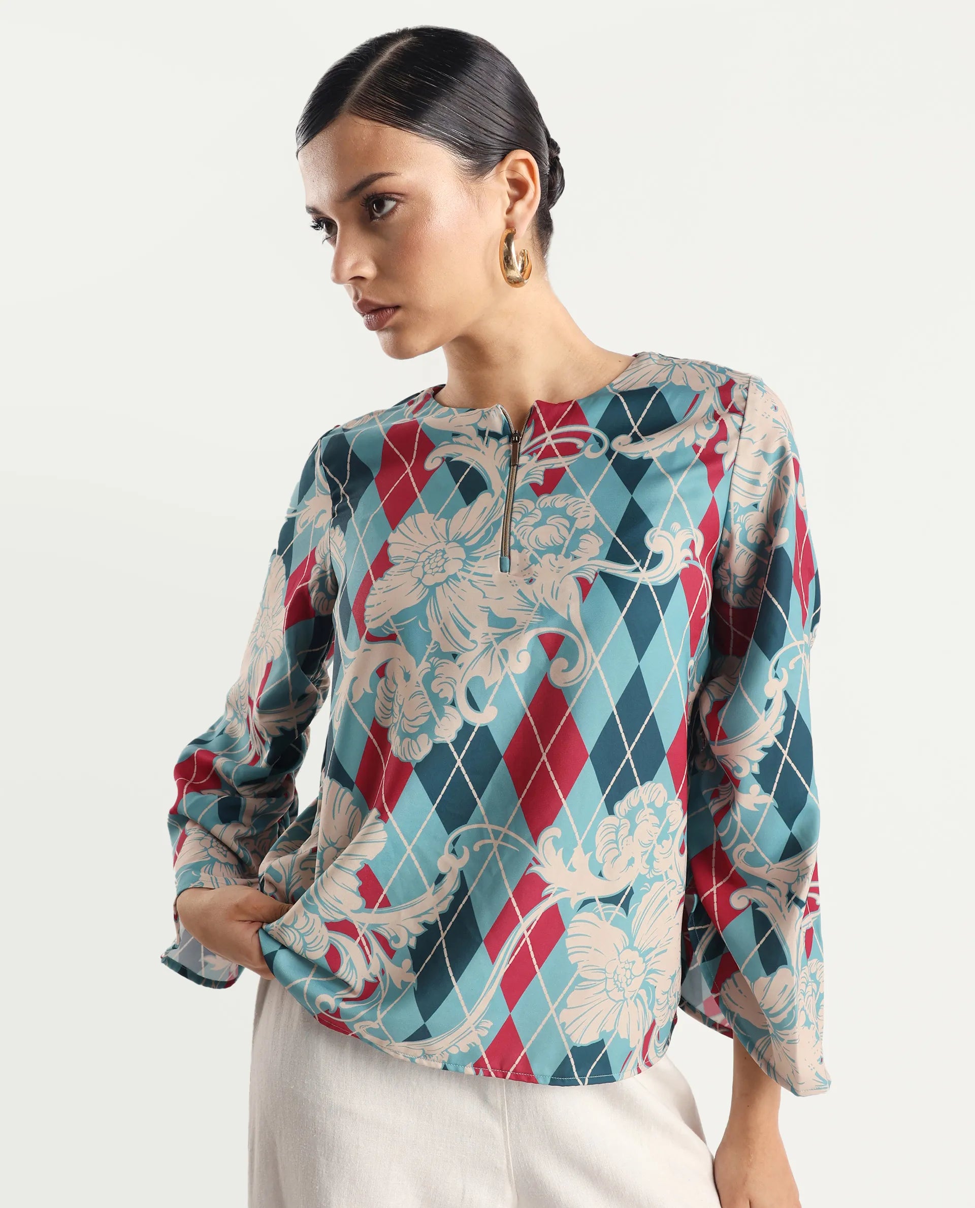 Rareism Women's Jiko Multi Satin Round Neck Geometric Print Volume Sleeve Regular Fit Top