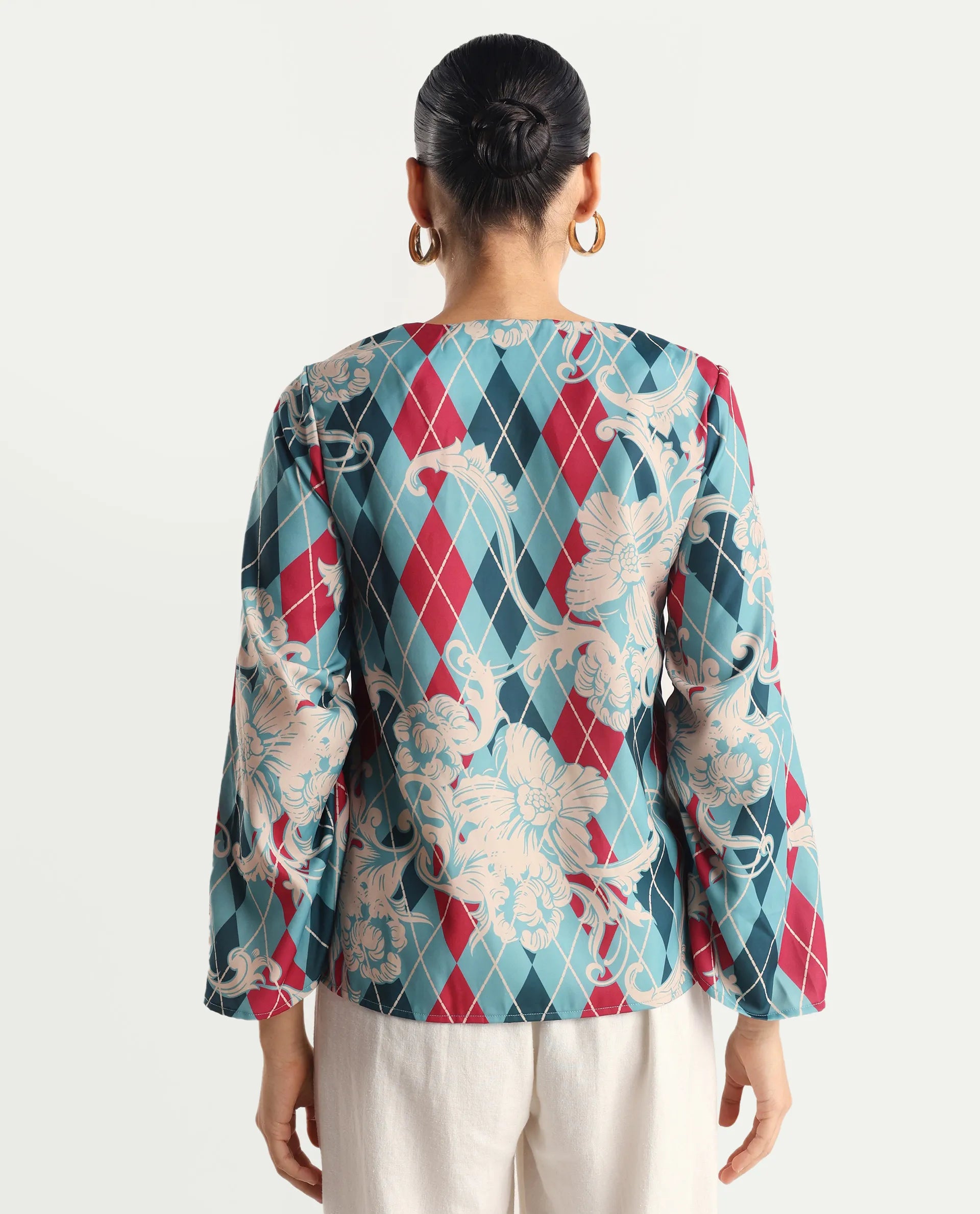 Rareism Women's Jiko Multi Satin Round Neck Geometric Print Volume Sleeve Regular Fit Top