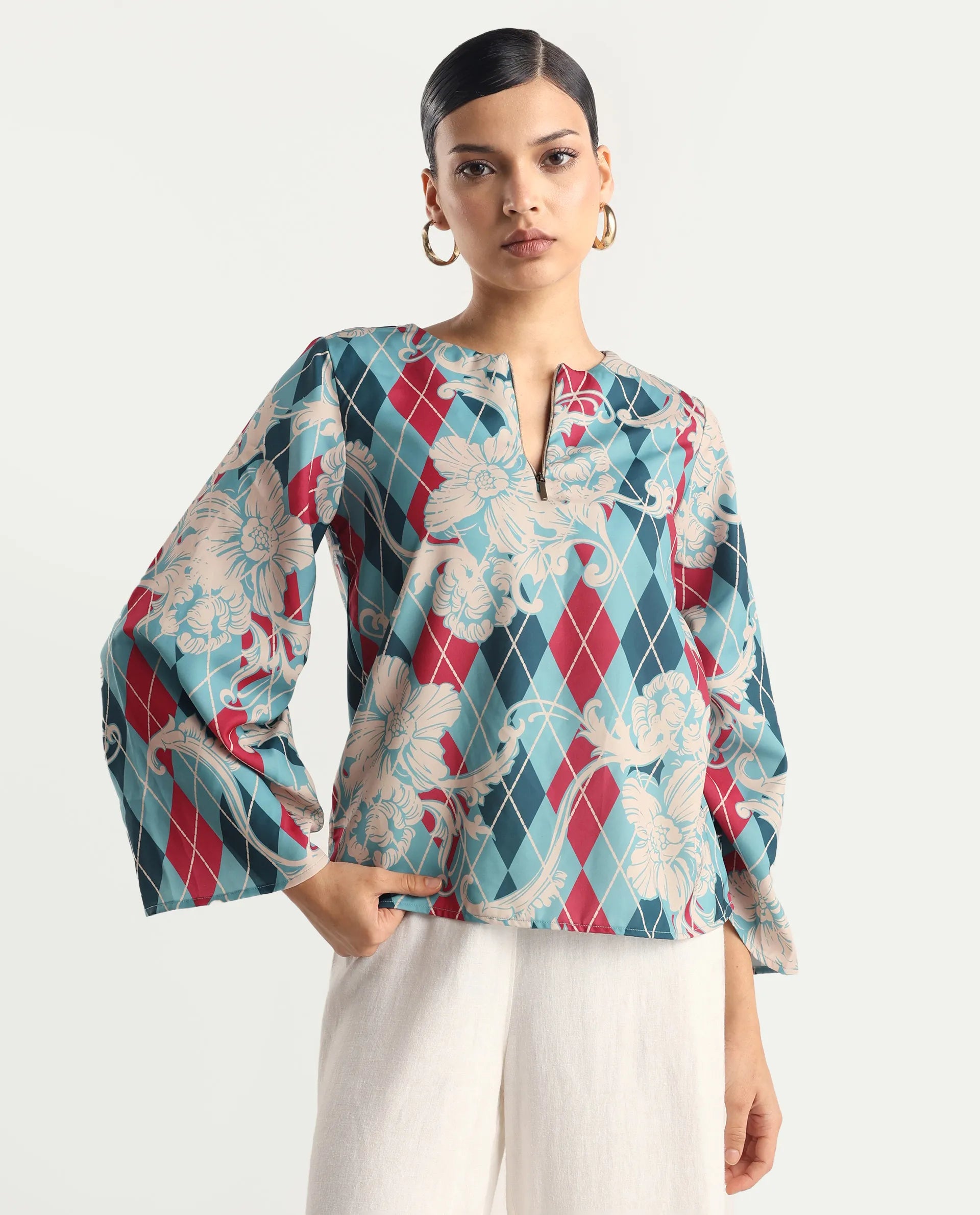 Rareism Women's Jiko Multi Satin Round Neck Geometric Print Volume Sleeve Regular Fit Top