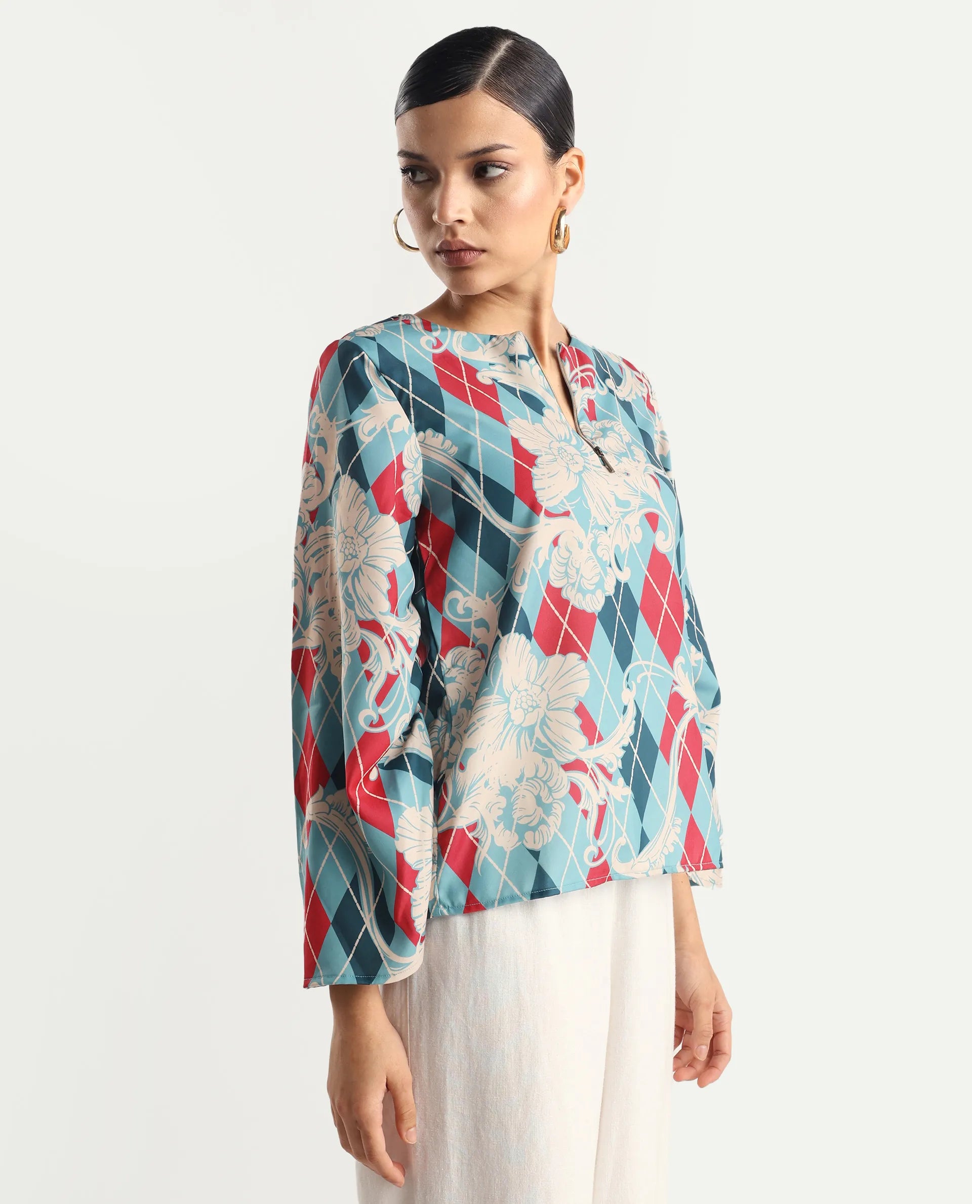 Rareism Women's Jiko Multi Satin Round Neck Geometric Print Volume Sleeve Regular Fit Top