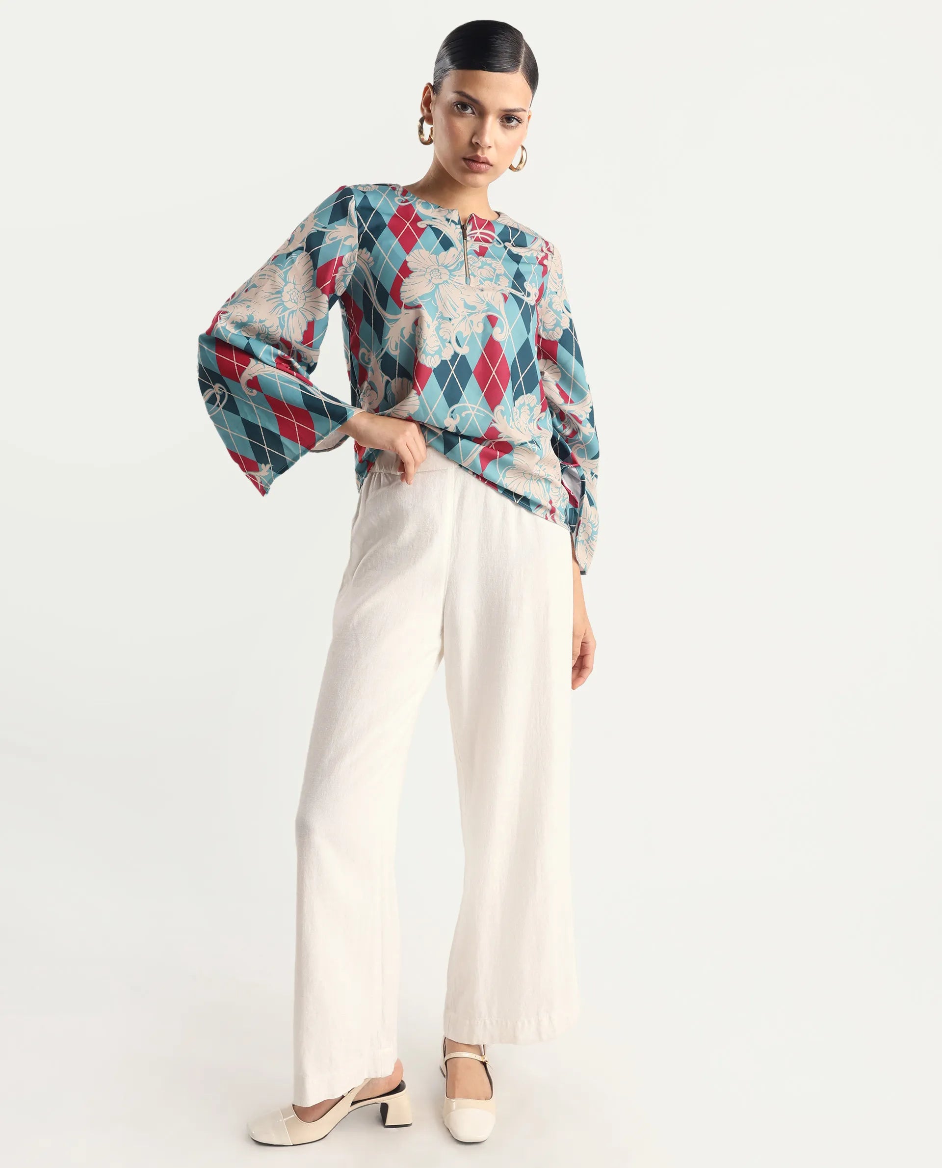 Rareism Women's Jiko Multi Satin Round Neck Geometric Print Volume Sleeve Regular Fit Top