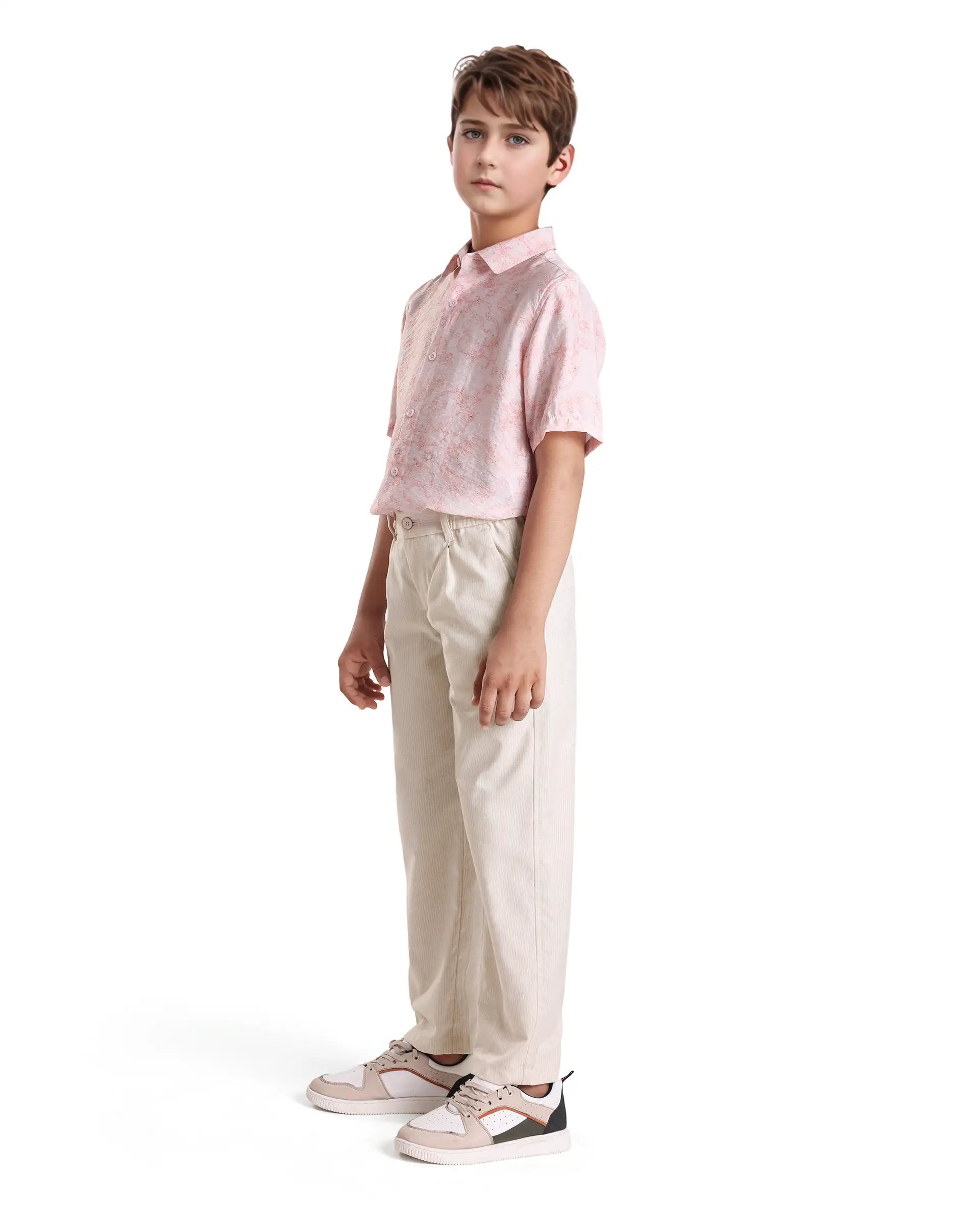 Rare Ones Kids Jin Beige Polyester Striped Button & Zip Closure Regular Fit Trouser