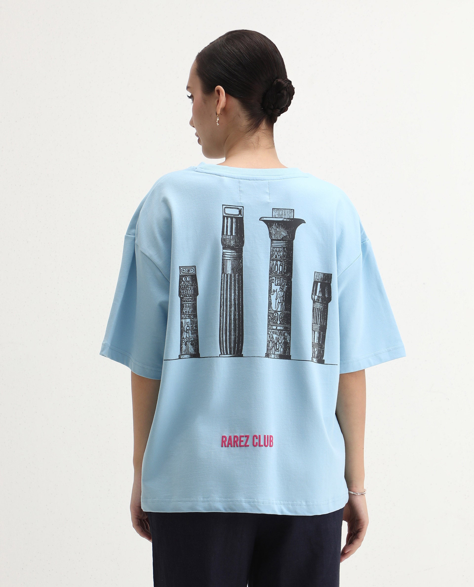 Rareism Women's Jinx Blue Cotton Graphic Print Oversized T-Shirt