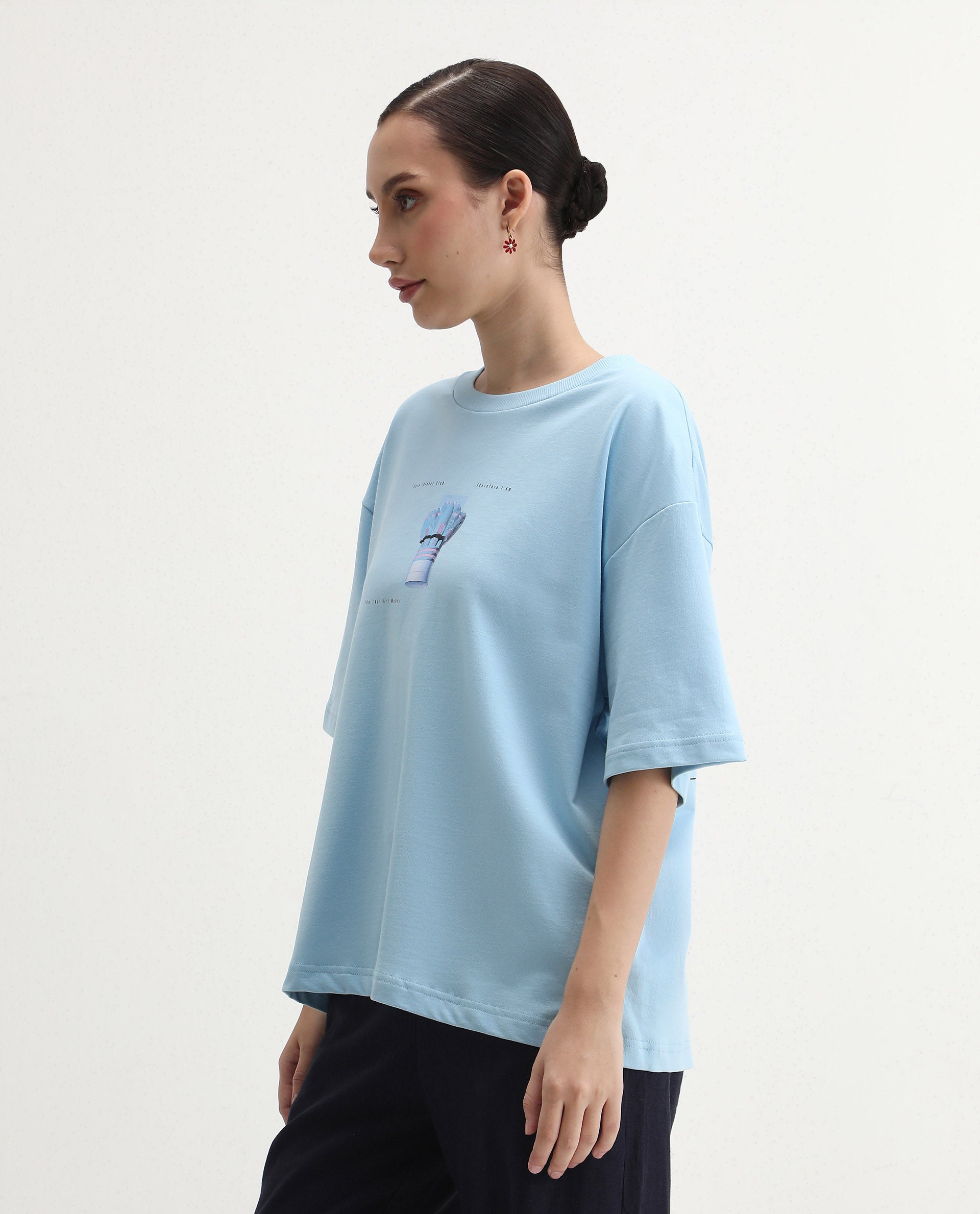 Rareism Women's Jinx Blue Cotton Graphic Print Oversized T-Shirt