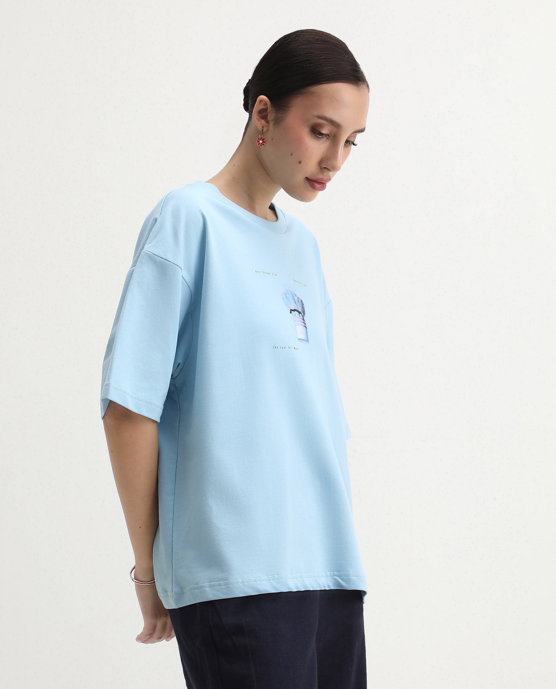 Rareism Women's Jinx Blue Cotton Graphic Print Oversized T-Shirt