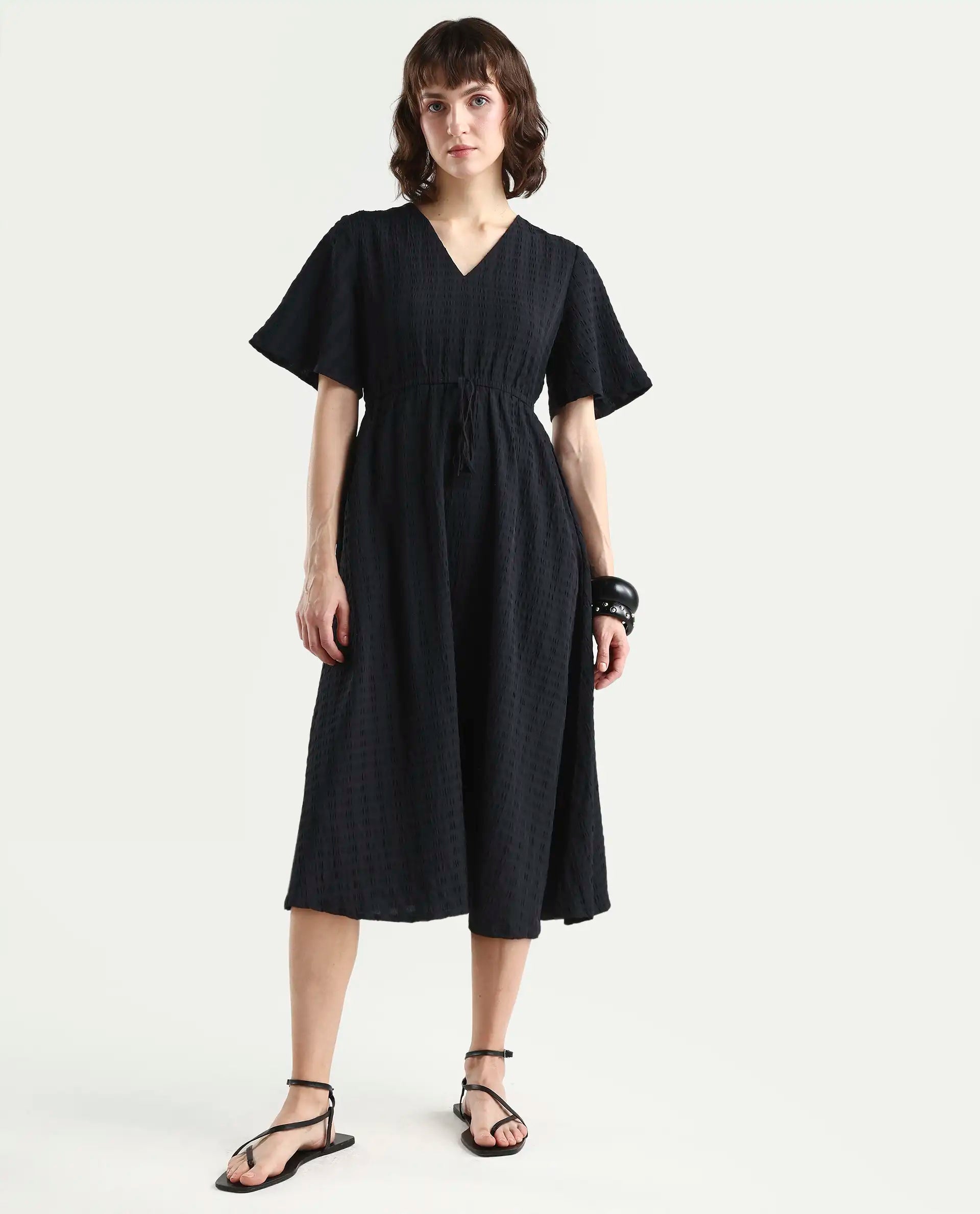 Rareism Women's Jiop Black Cotton Blend Plain Fit And Flare Dress