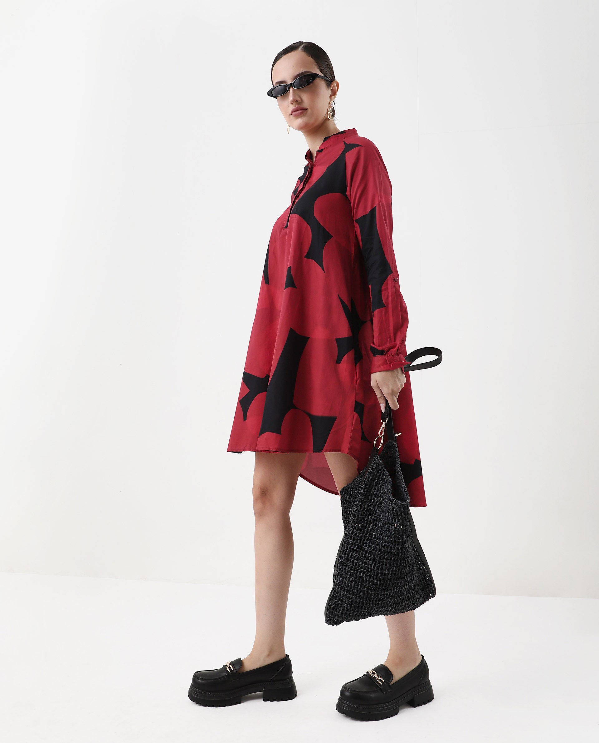 Rareism Women's Jioplo Black Cotton Blend Mandarin Collar Object Print Raglan Sleeve Mini Flared Top