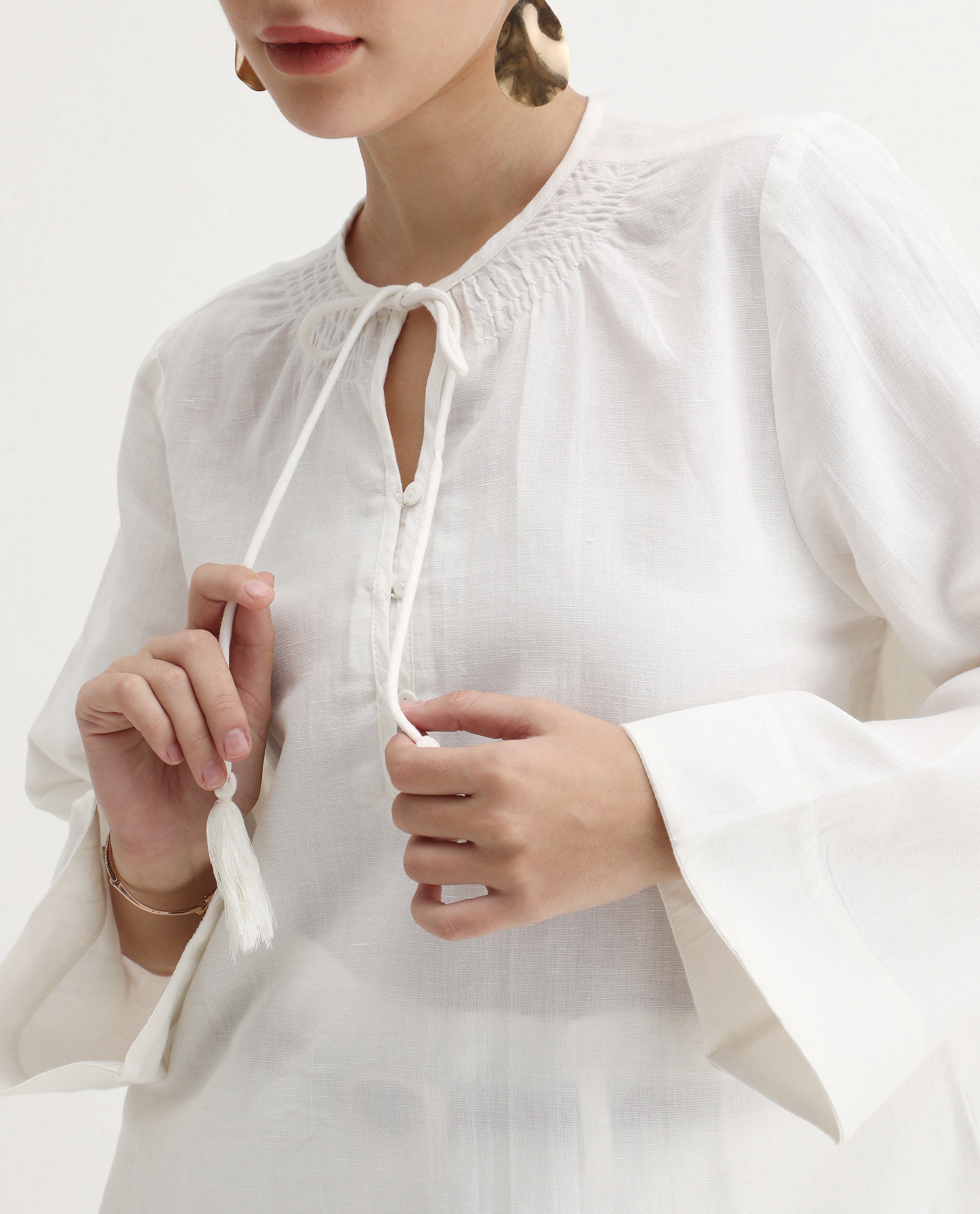 Rareism Women's Joan Light White Tie-Up Neck Plain Relaxed Fit Top