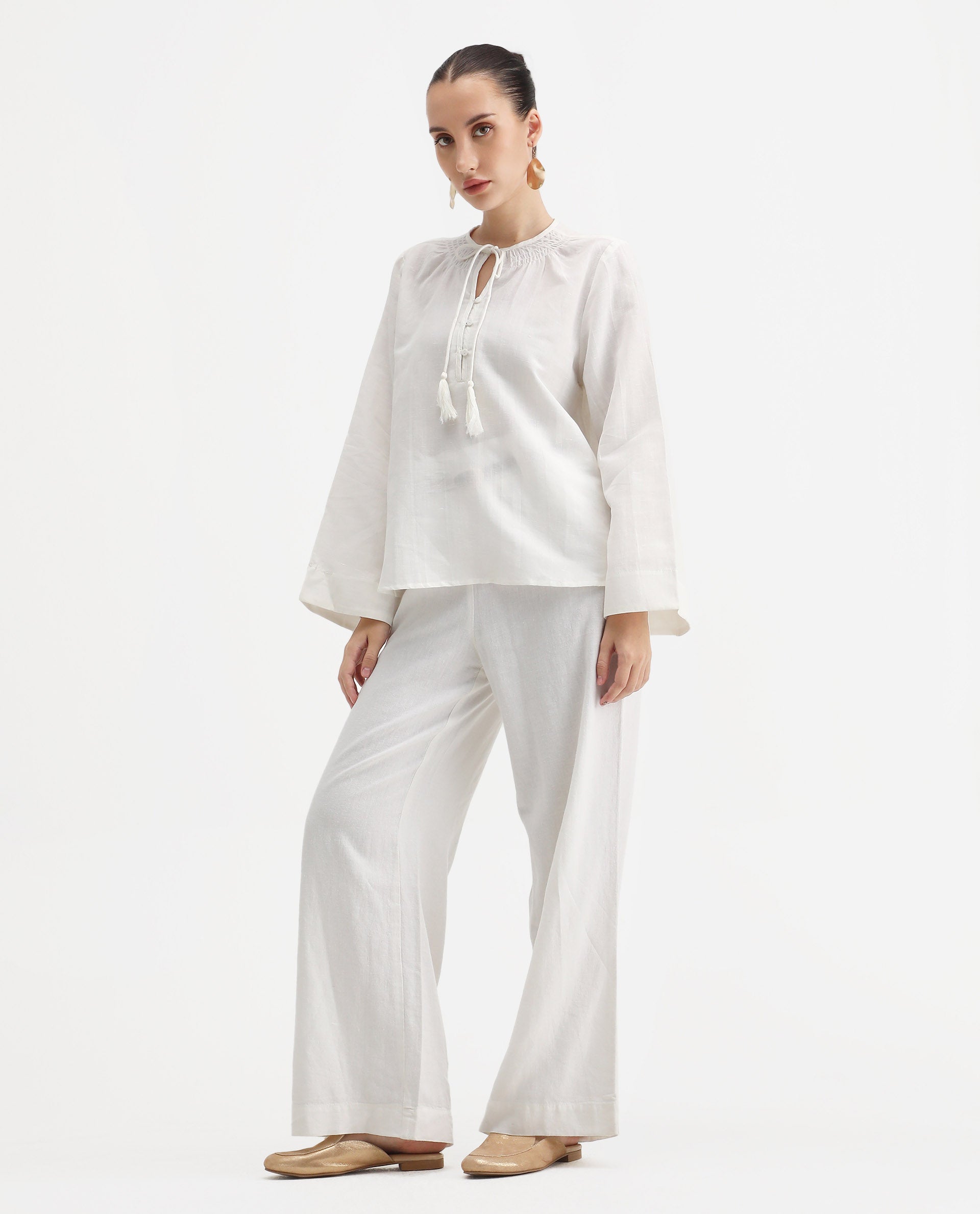 Rareism Women's Joan Light White Tie-Up Neck Plain Relaxed Fit Top