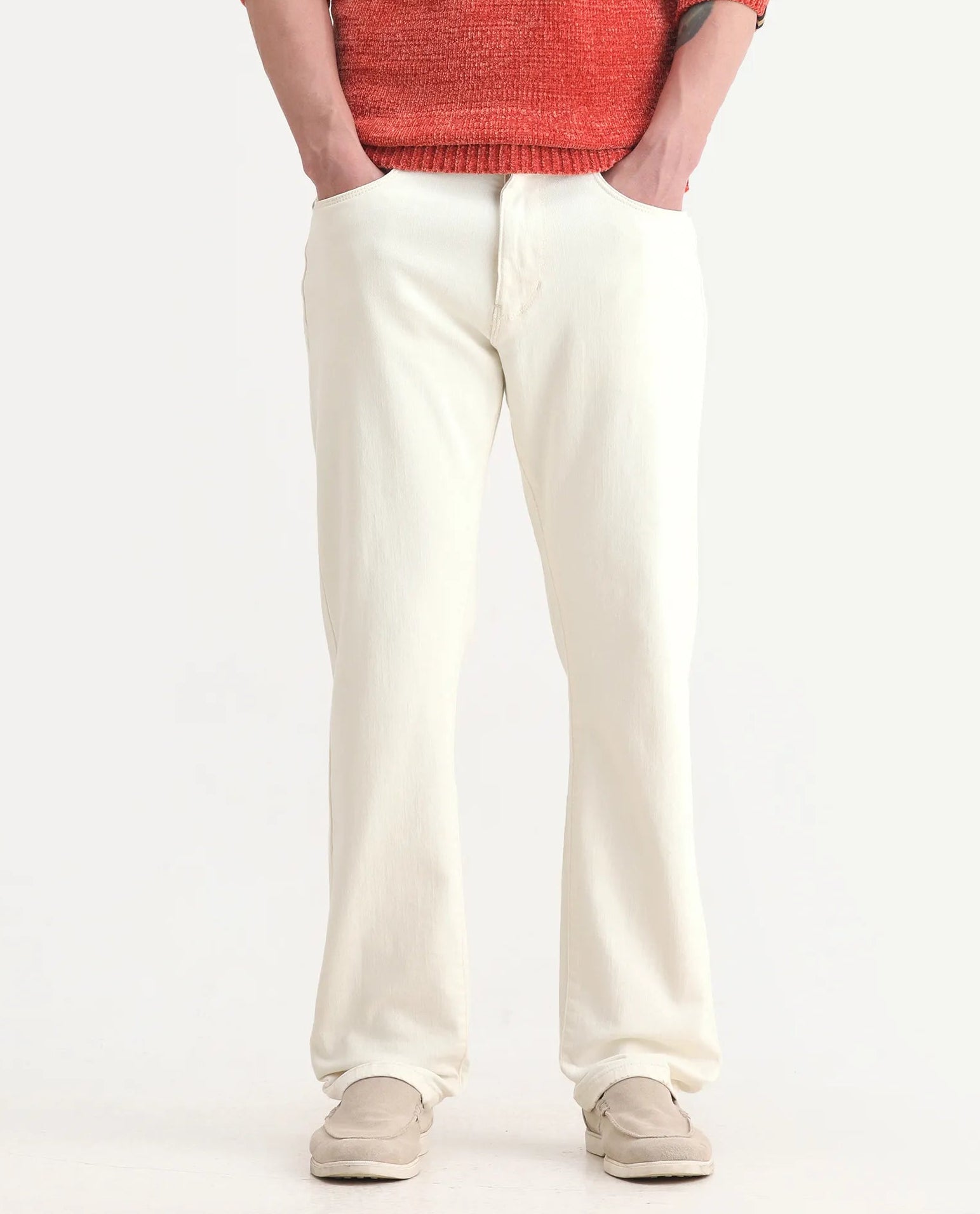 Rare Rabbit Men's Joel-G1 Off White Cotton Blend Fabric Morris Regular Plain Jeans