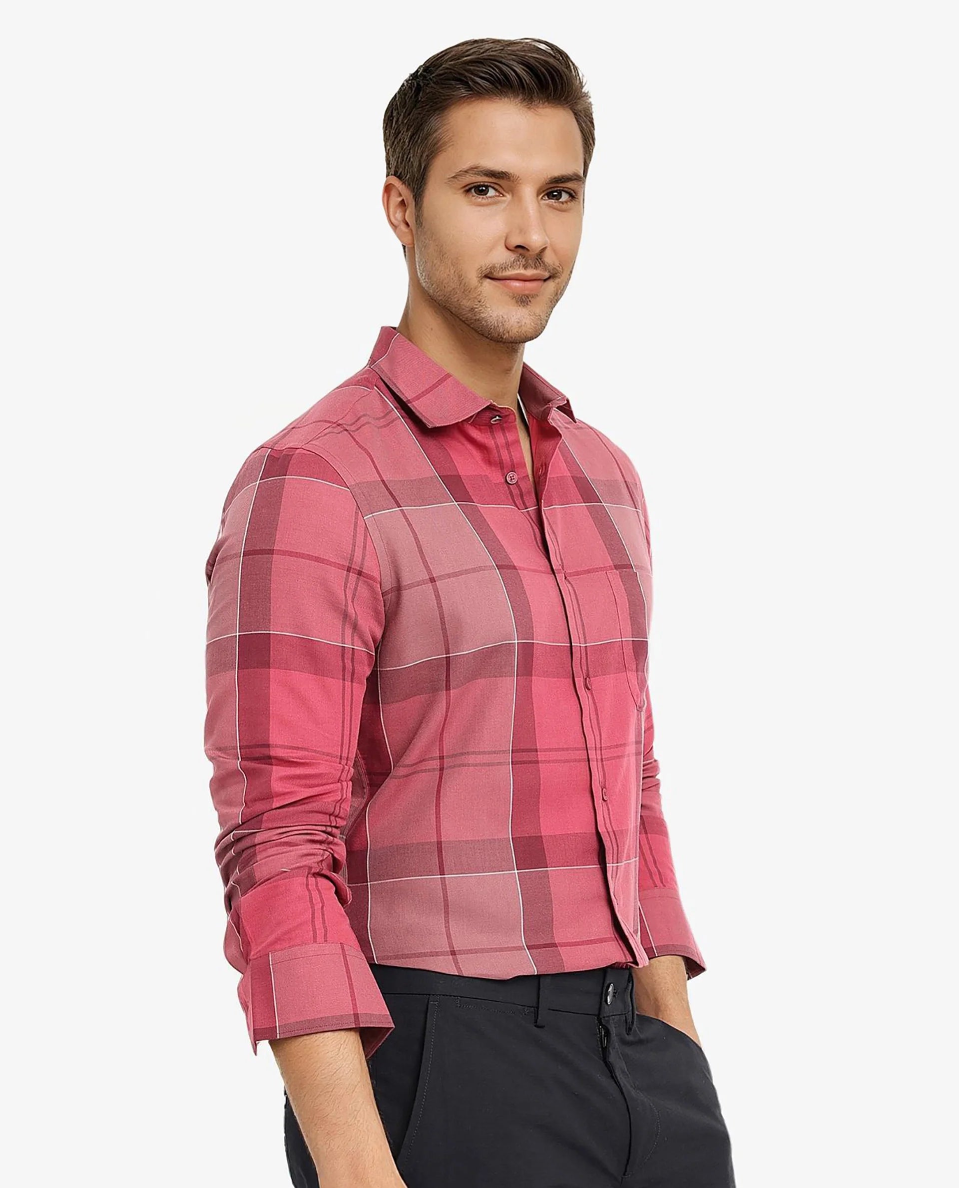 Rare Rabbit Men John Red Full Sleeve Regular Collar Button Closure Regular Fit Checks Shirt