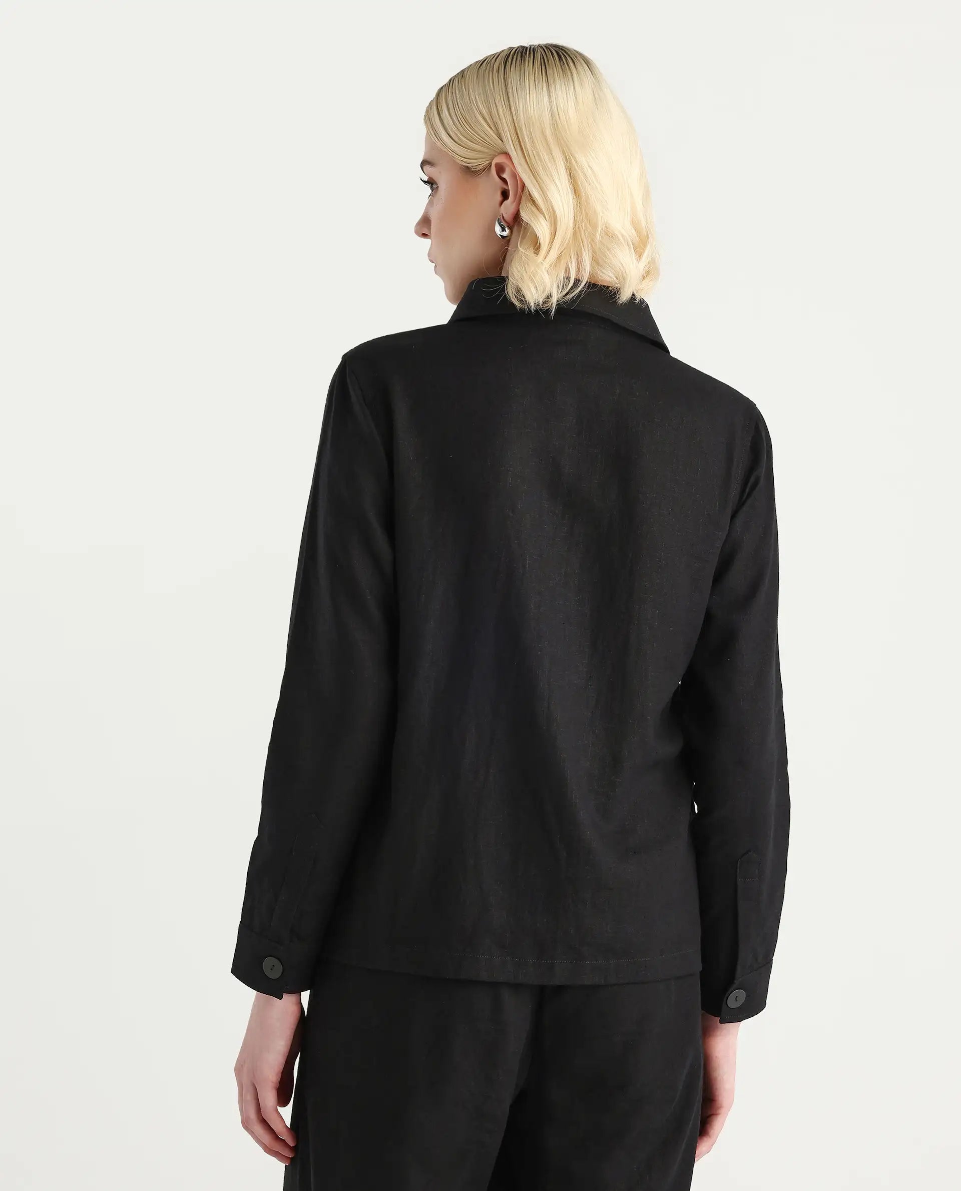 Rareism Women's Jomow-T Black Linen Blend Collared Neck Regular Fit Shacket