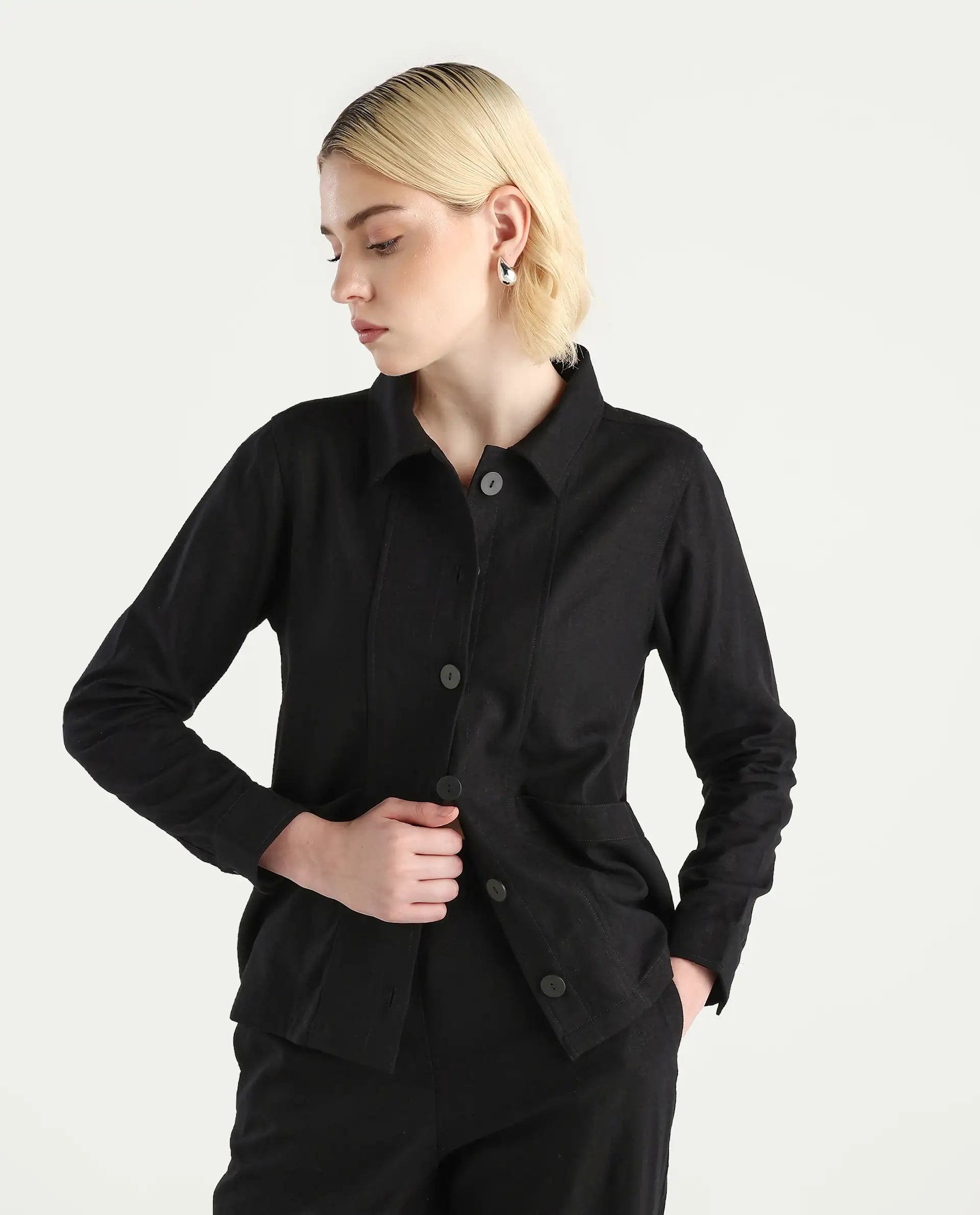 Rareism Women's Jomow-T Black Linen Blend Collared Neck Regular Fit Shacket
