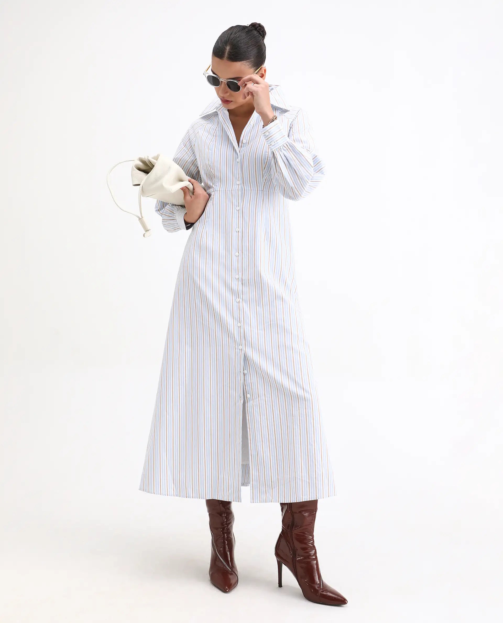 Rareism Women Juqo Light Blue Cotton Fabric Raglan Sleeves Collared Neck Button Closure A-Line Maxi Striped Dress