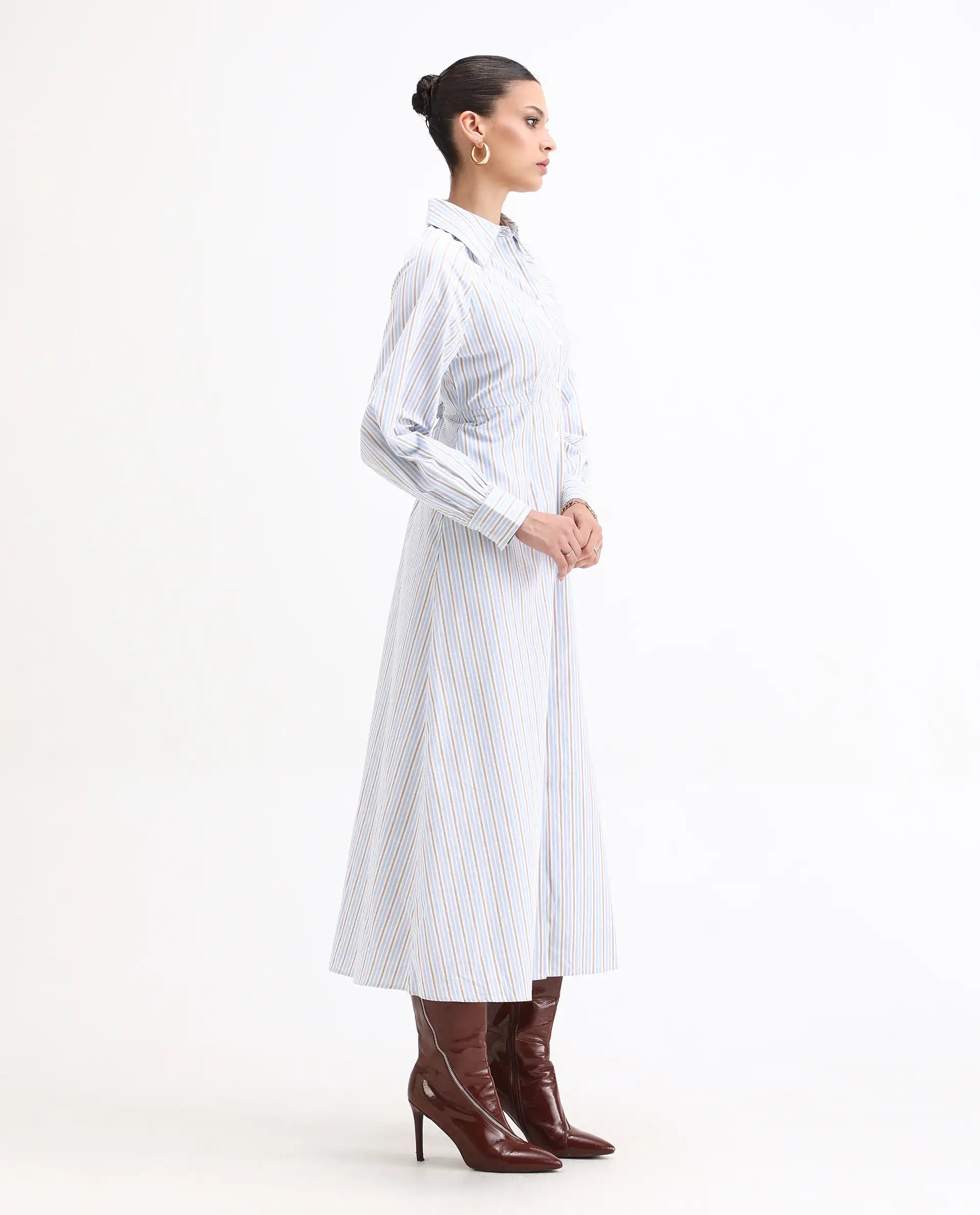 Rareism Women Juqo Light Blue Cotton Fabric Raglan Sleeves Collared Neck Button Closure A-Line Maxi Striped Dress