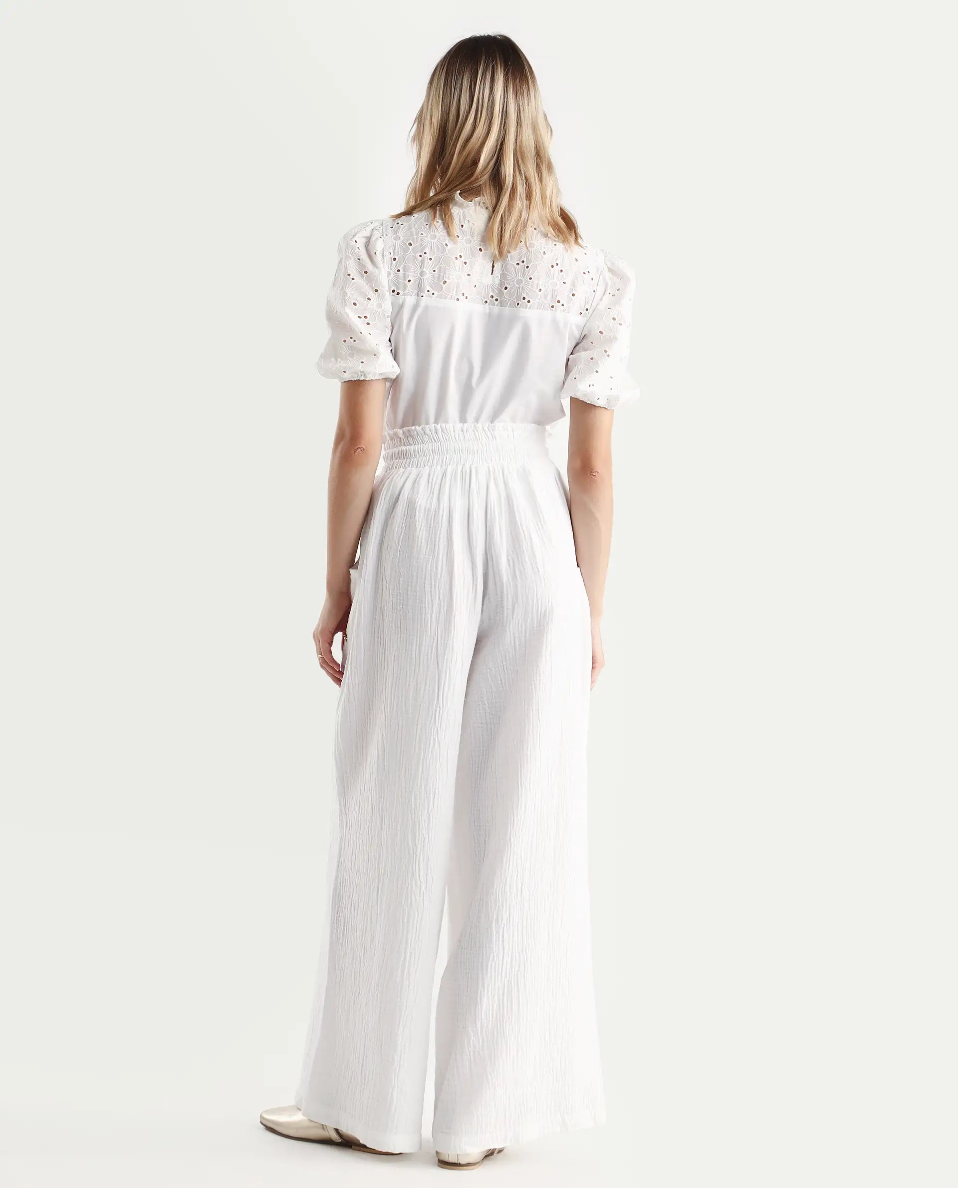 Rareism Women's Jorden Pastel White Cotton Plain Ankle Length Wide Trouser