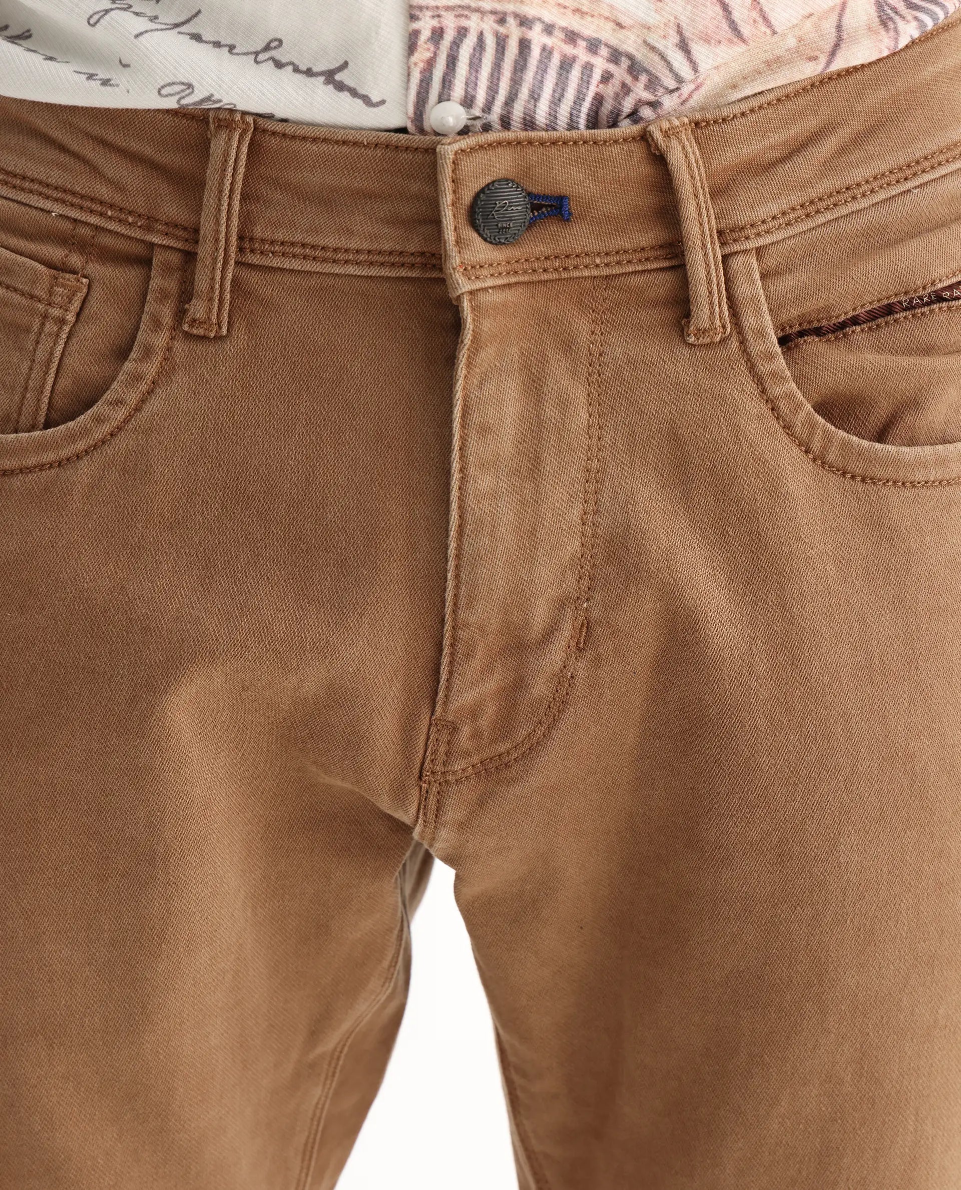 Rare Rabbit Men's Jordon Brown Cotton Plain Hawk Slim Fit Jeans