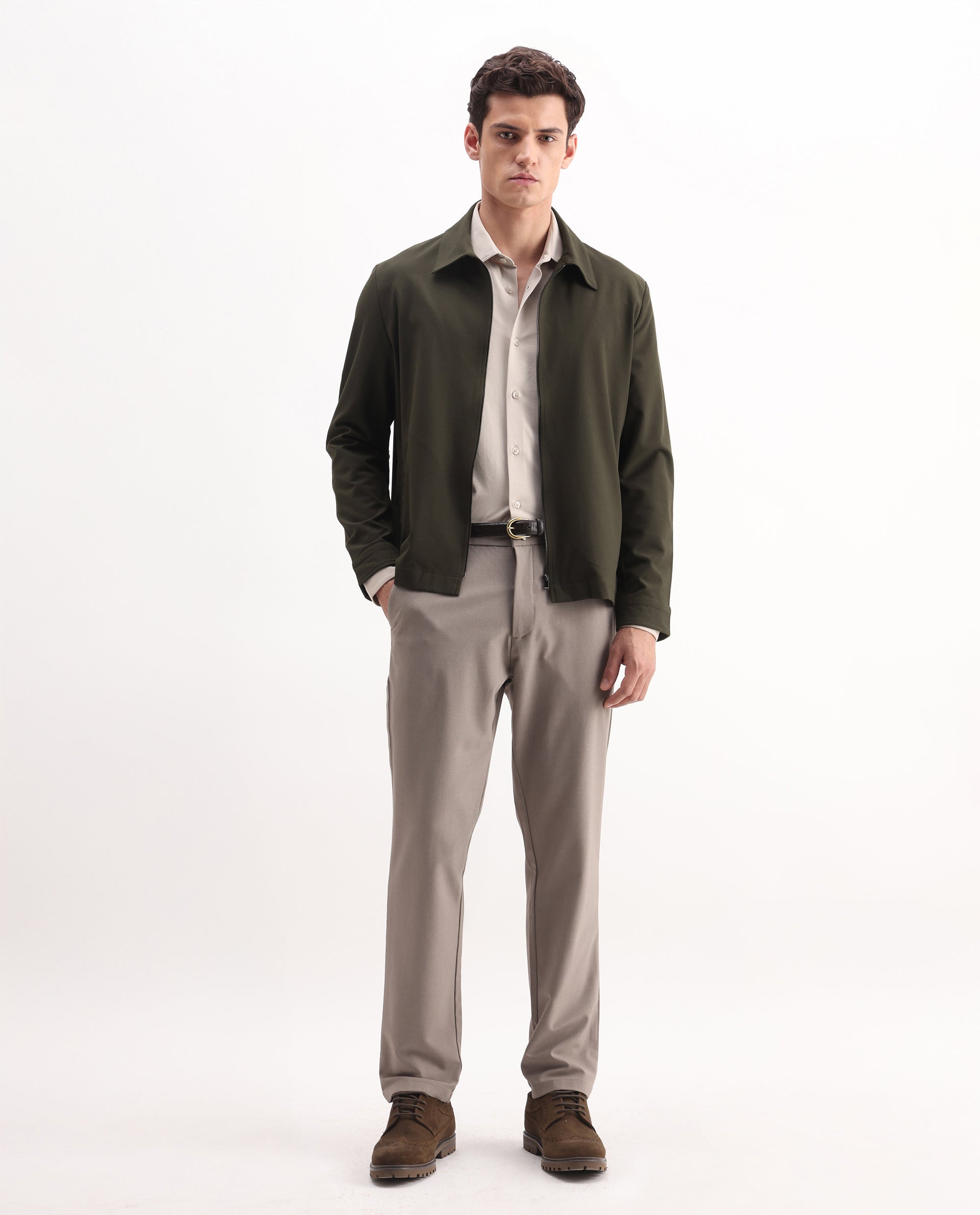 Rare Rabbit Men's Juan-25 Olive Polyester Blend Plain Regular Fit Full Sleeve Collared Jacket