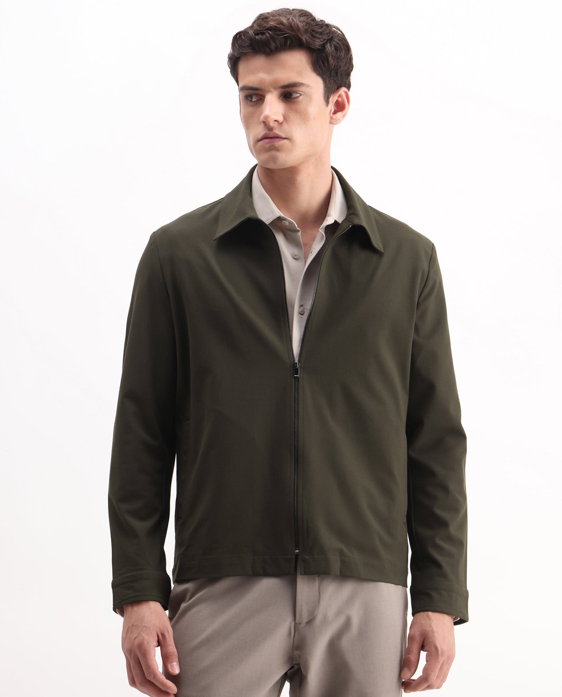 Rare Rabbit Men's Juan-25 Olive Polyester Blend Plain Regular Fit Full Sleeve Collared Jacket