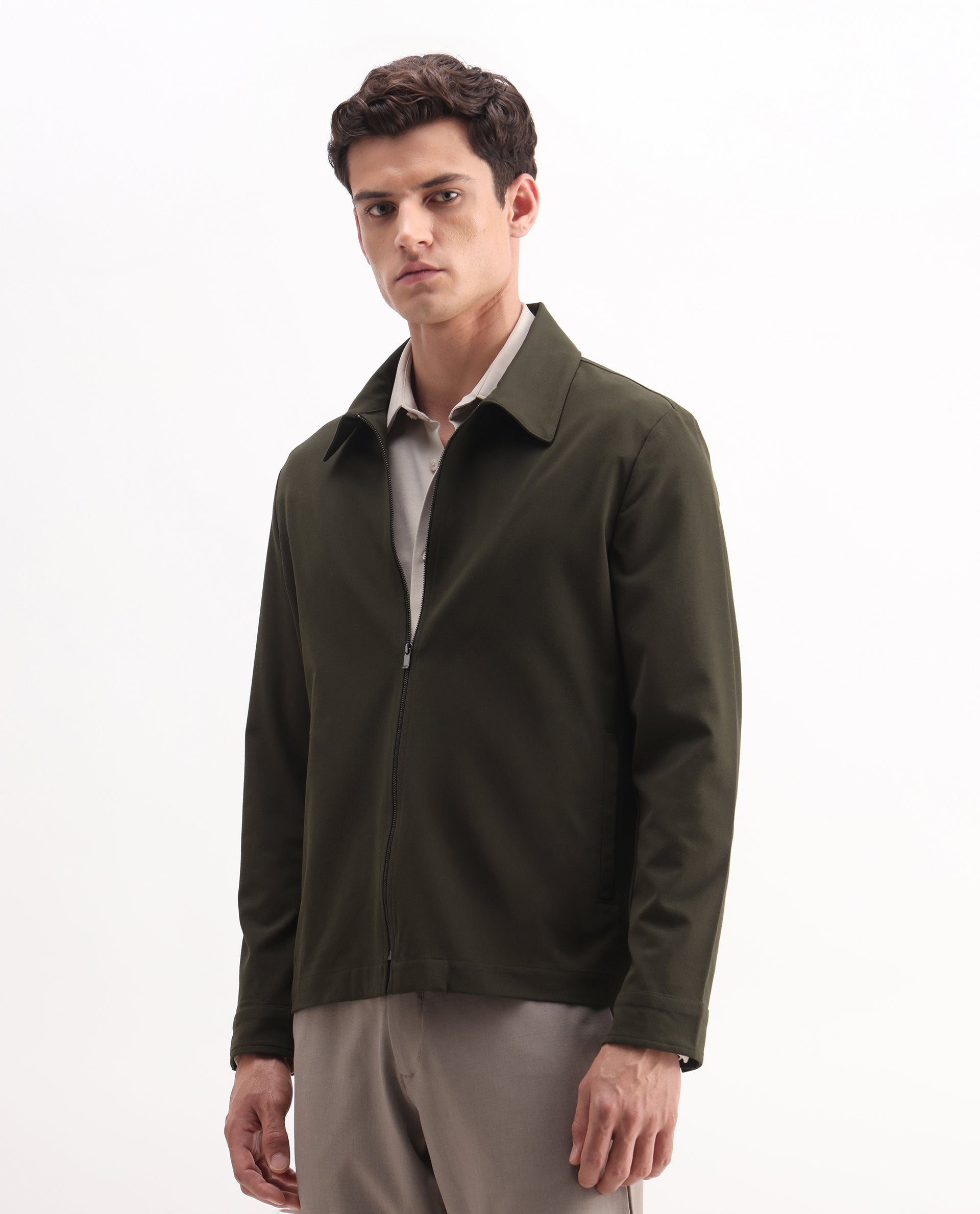 Rare Rabbit Men's Juan-25 Olive Polyester Blend Plain Regular Fit Full Sleeve Collared Jacket