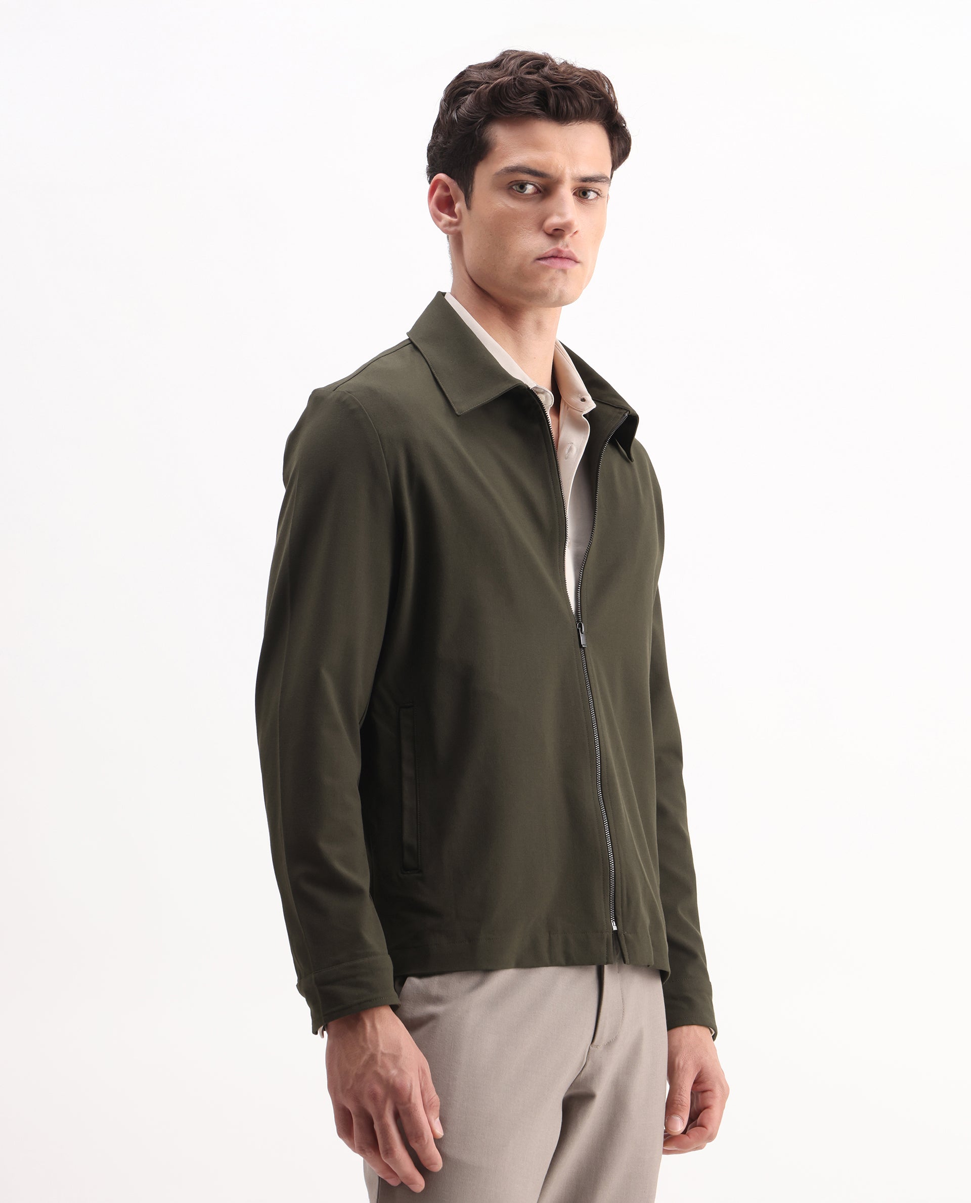 Rare Rabbit Men's Juan-25 Olive Polyester Blend Plain Regular Fit Full Sleeve Collared Jacket