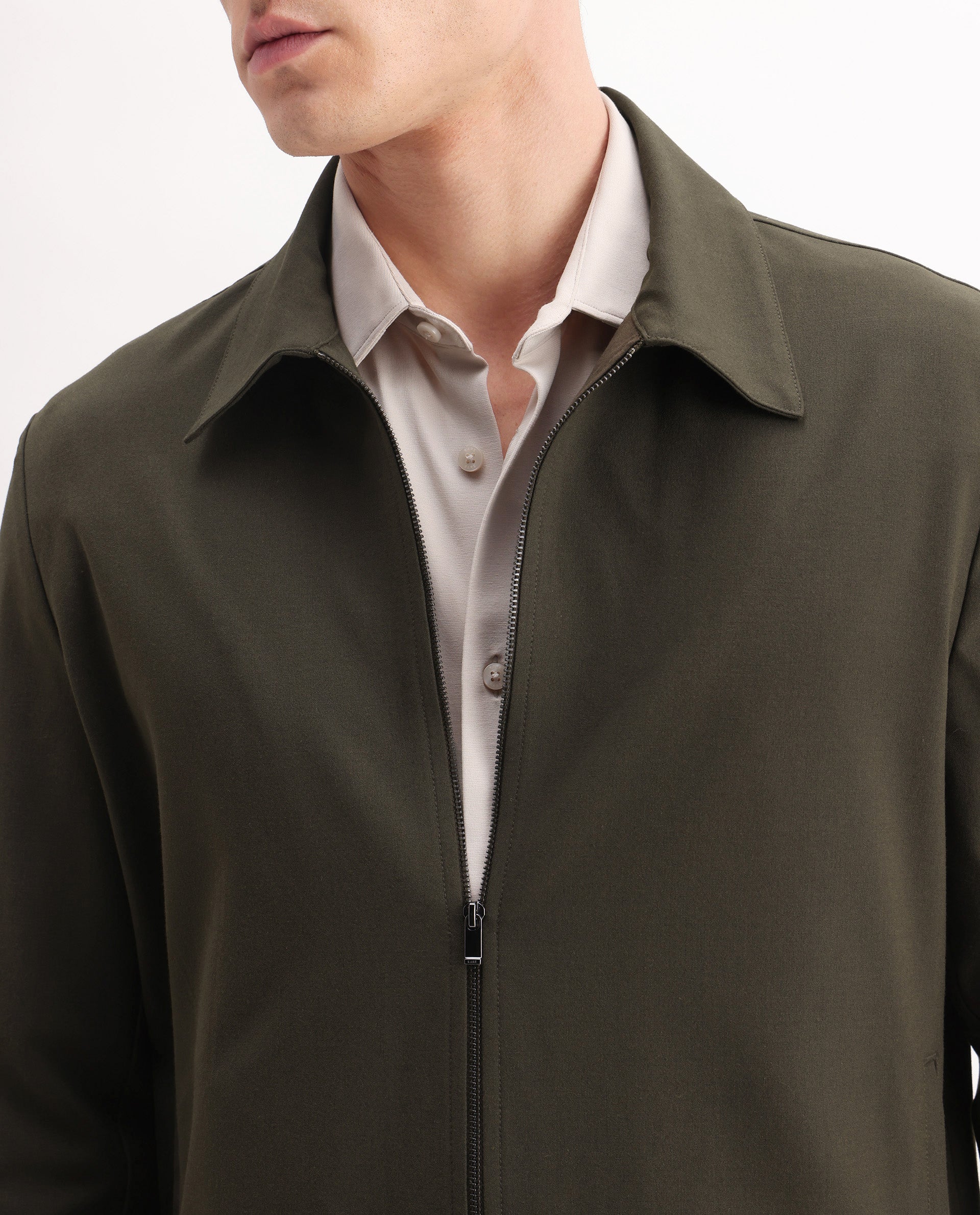 Rare Rabbit Men's Juan-25 Olive Polyester Blend Plain Regular Fit Full Sleeve Collared Jacket