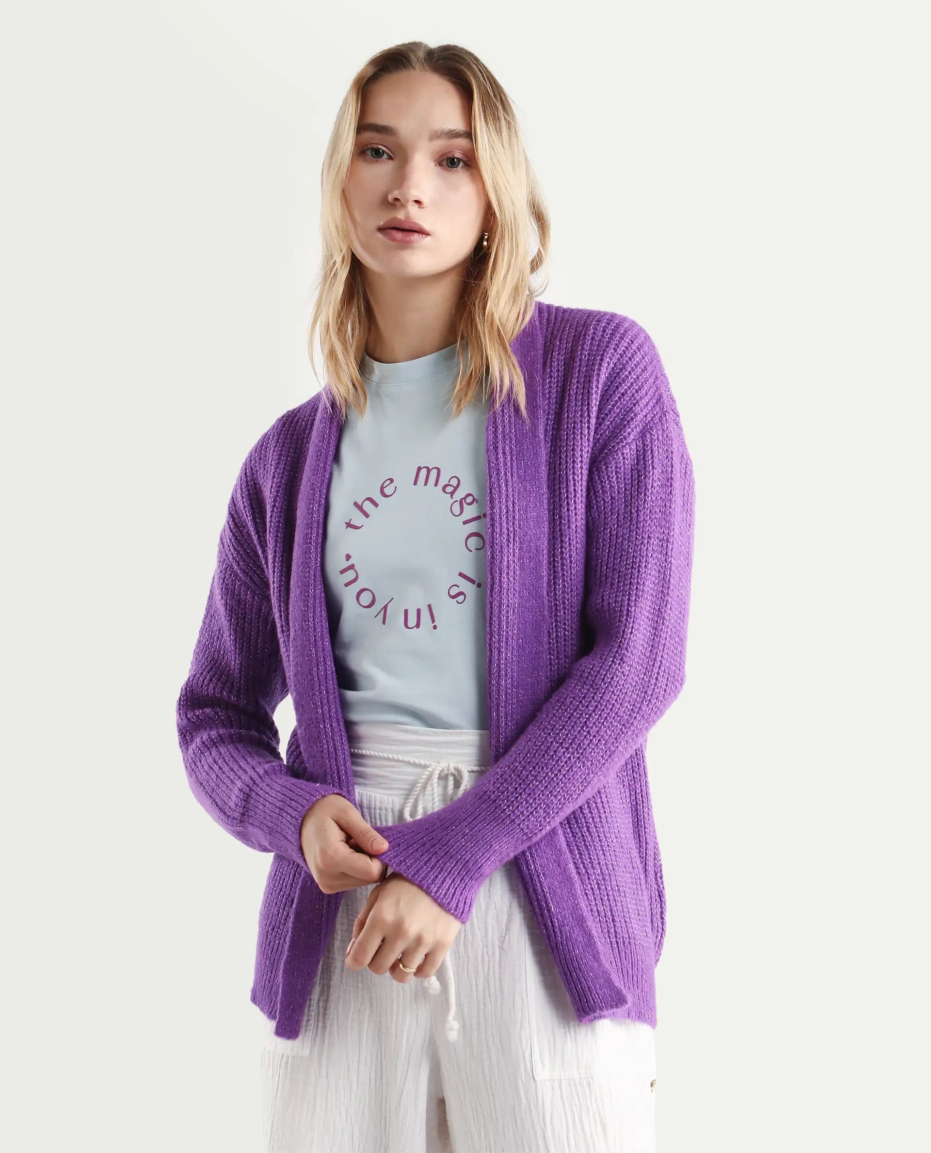 Rareism Women's Jug Purple Acrylic Collarless Plain Mini Relaxed Fit Shrug