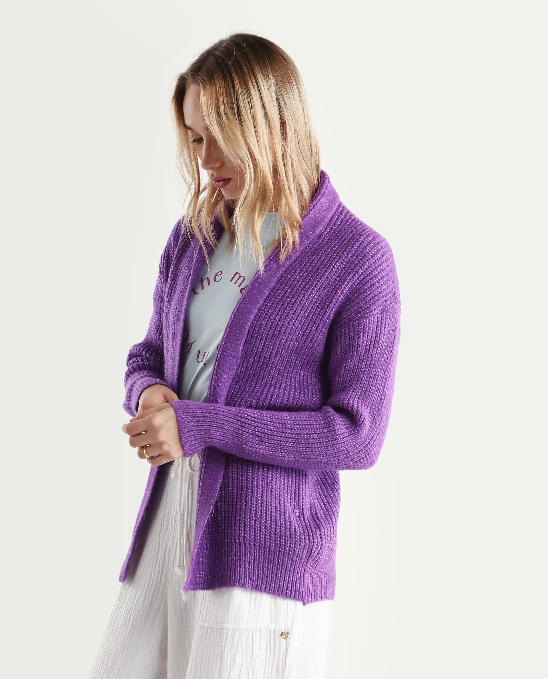 Rareism Women's Jug Purple Acrylic Collarless Plain Mini Relaxed Fit Shrug